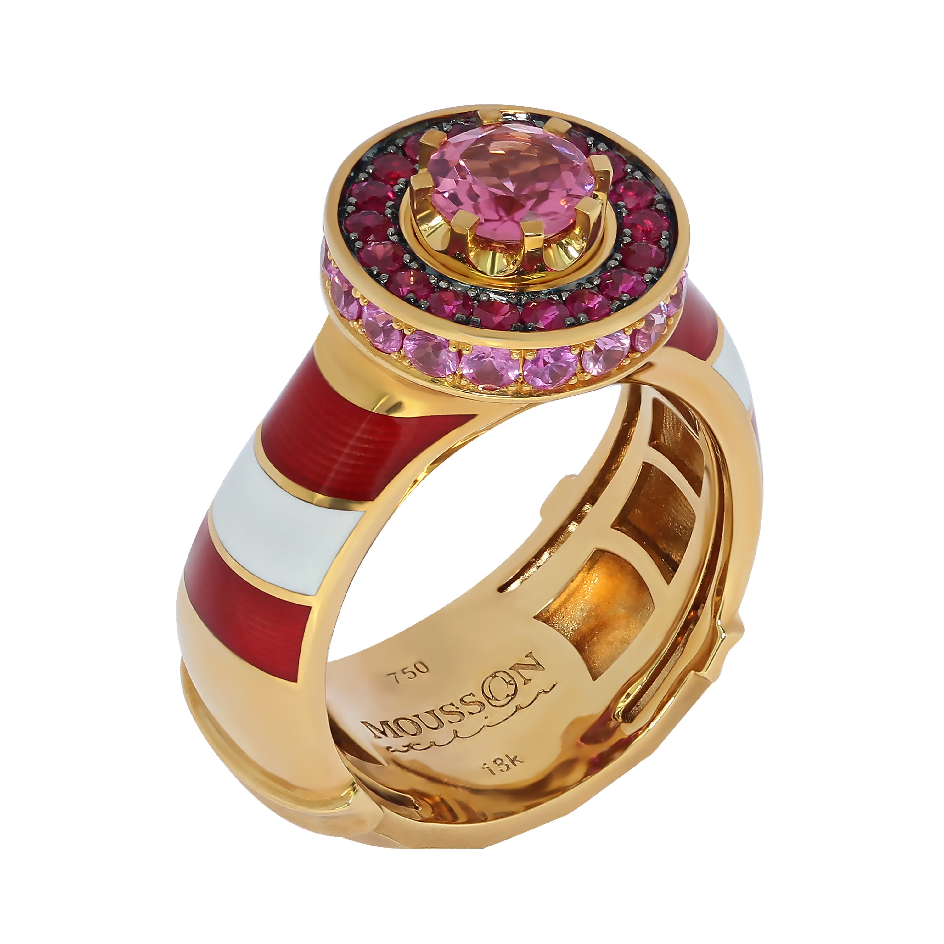 R 0295-0, 18K Yellow Gold, Pink Tourmaline, Pink Sapphires, Enamel Ring