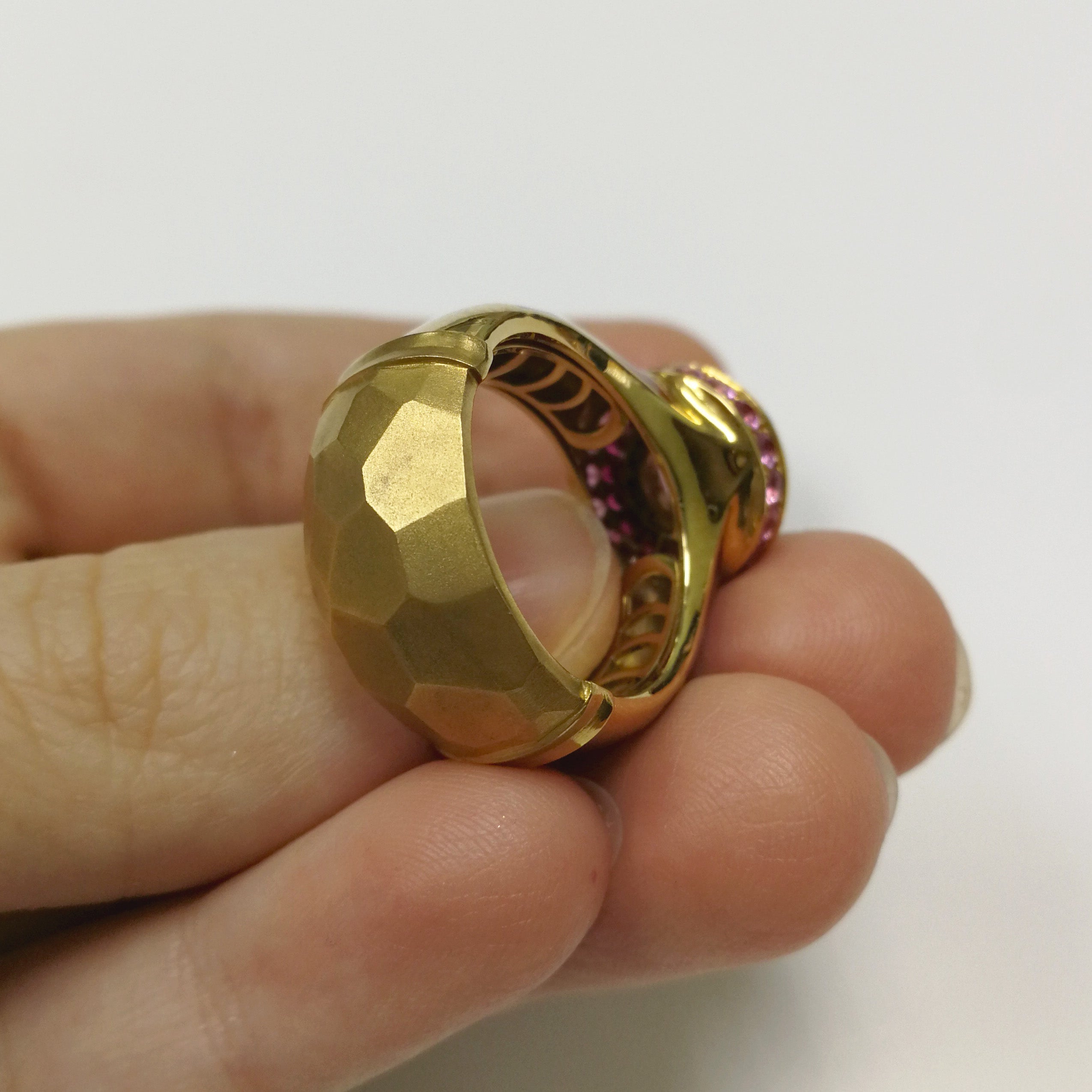 Pink Tourmaline, Pink Sapphires, 18K Yellow Gold, Enamel Ring, R 0295-0