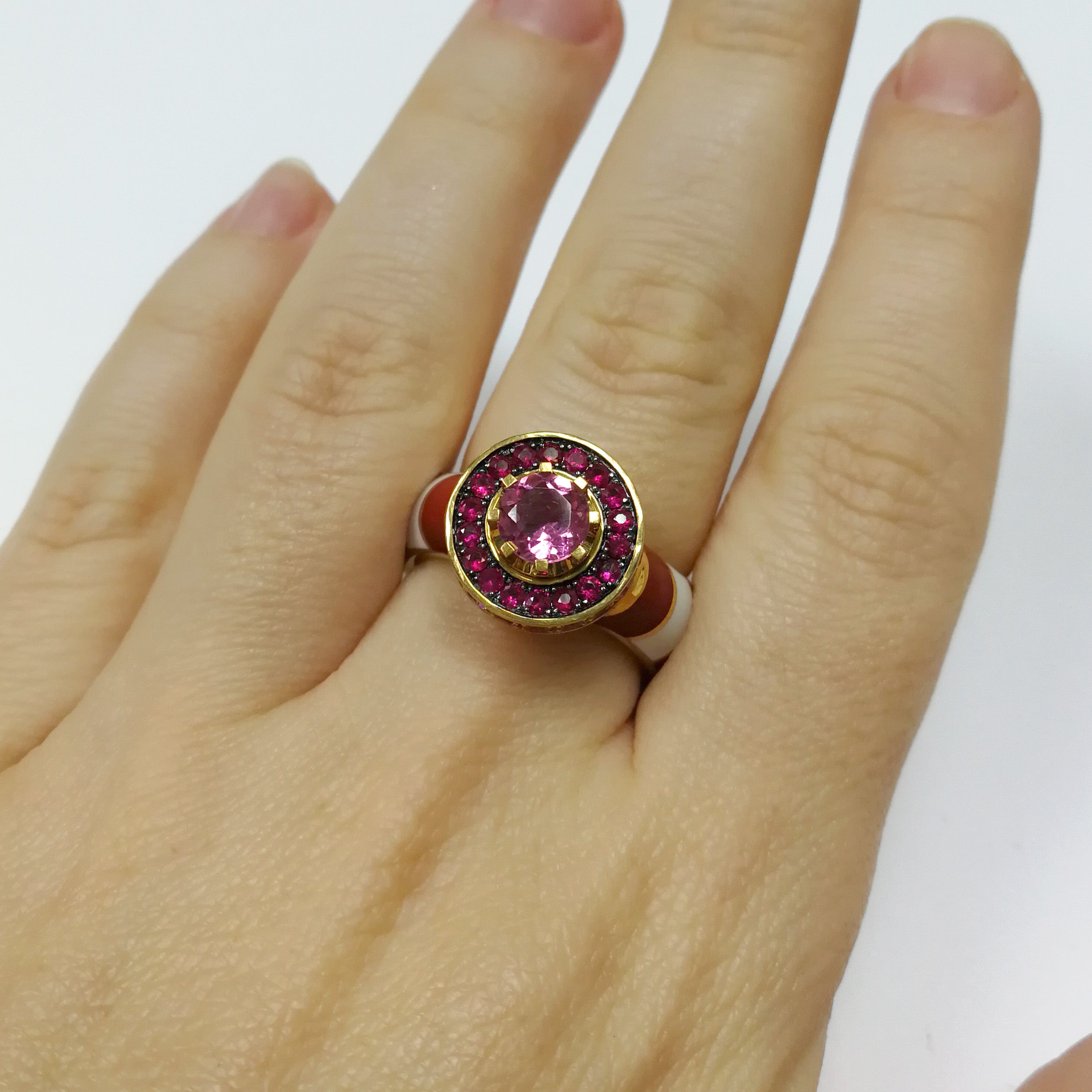 Pink Tourmaline, Pink Sapphires, 18K Yellow Gold, Enamel Ring, R 0295-0