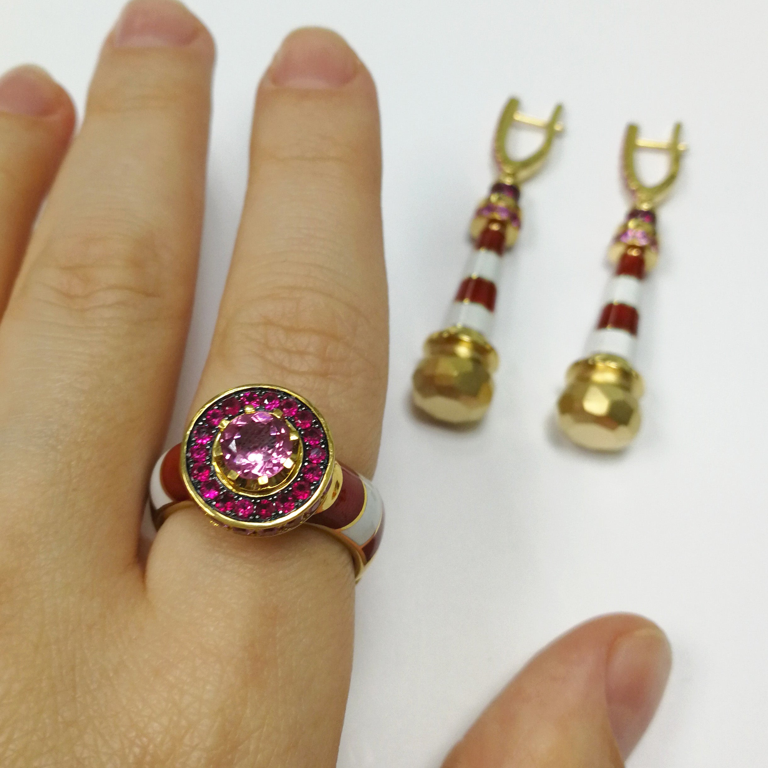 Pink Tourmaline, Pink Sapphires, 18K Yellow Gold, Enamel Ring, R 0295-0