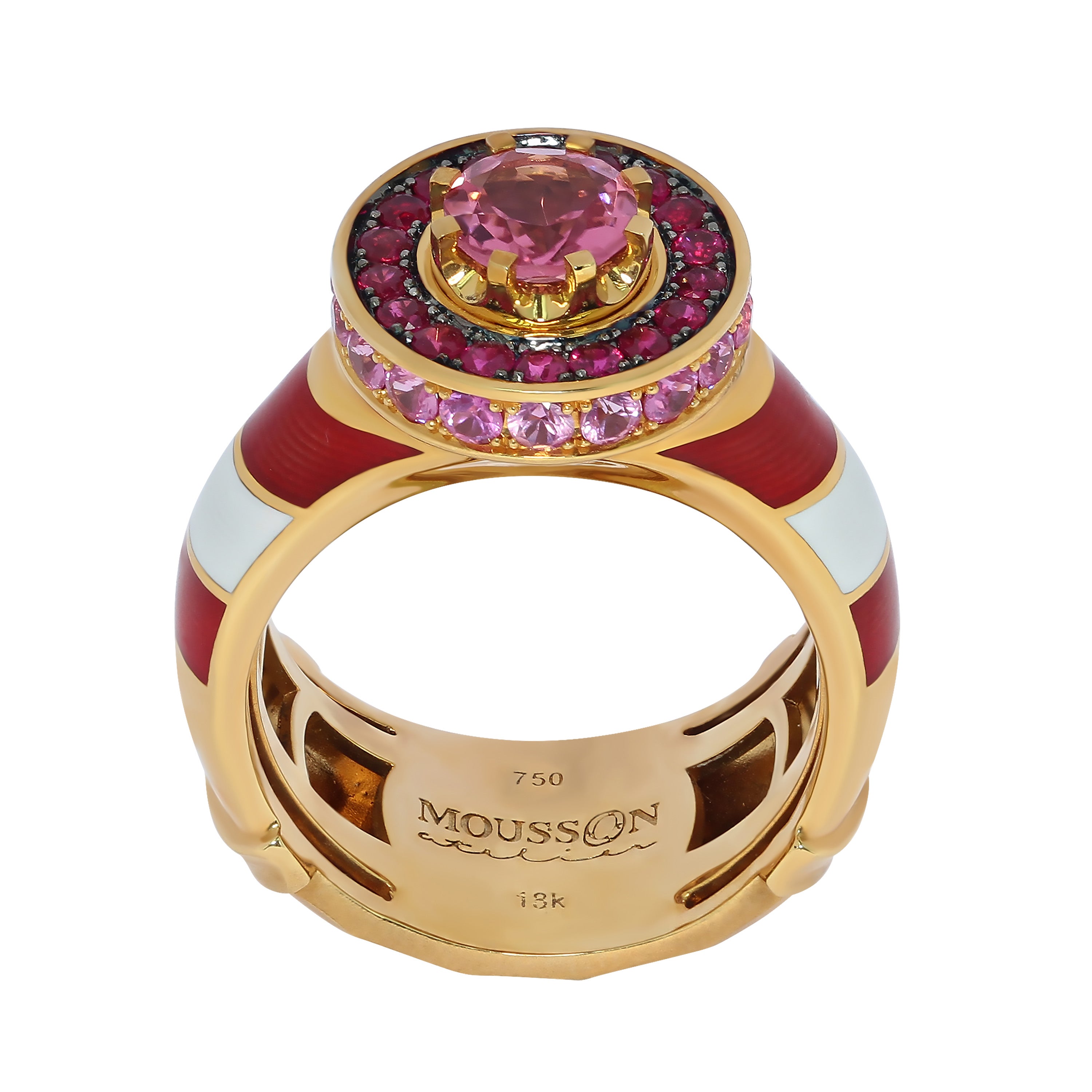 R 0295-0, 18K Yellow Gold, Pink Tourmaline, Pink Sapphires, Enamel Ring