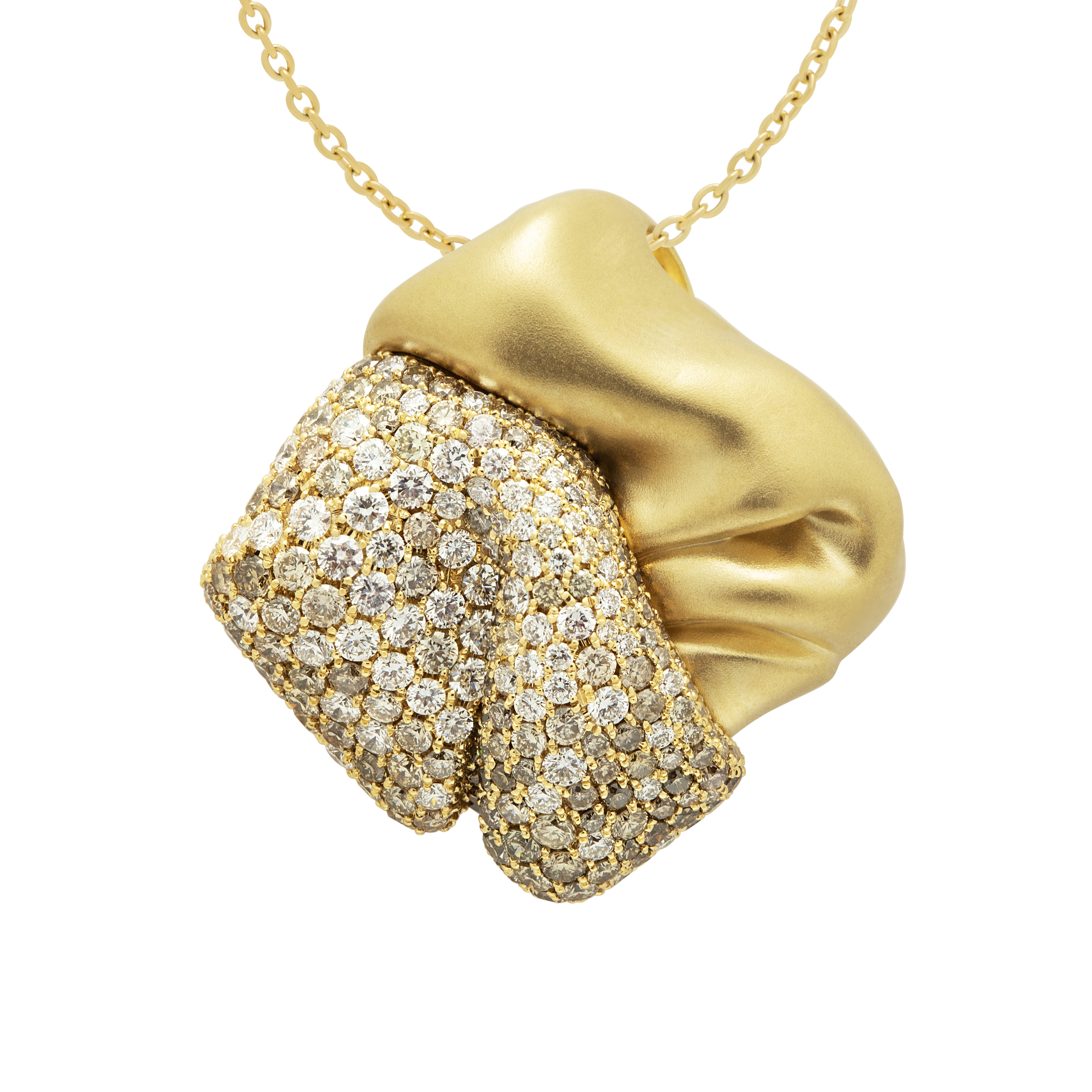 P 0132-1, 18K Yellow Matte Gold, White and Champagne Diamonds Pendant