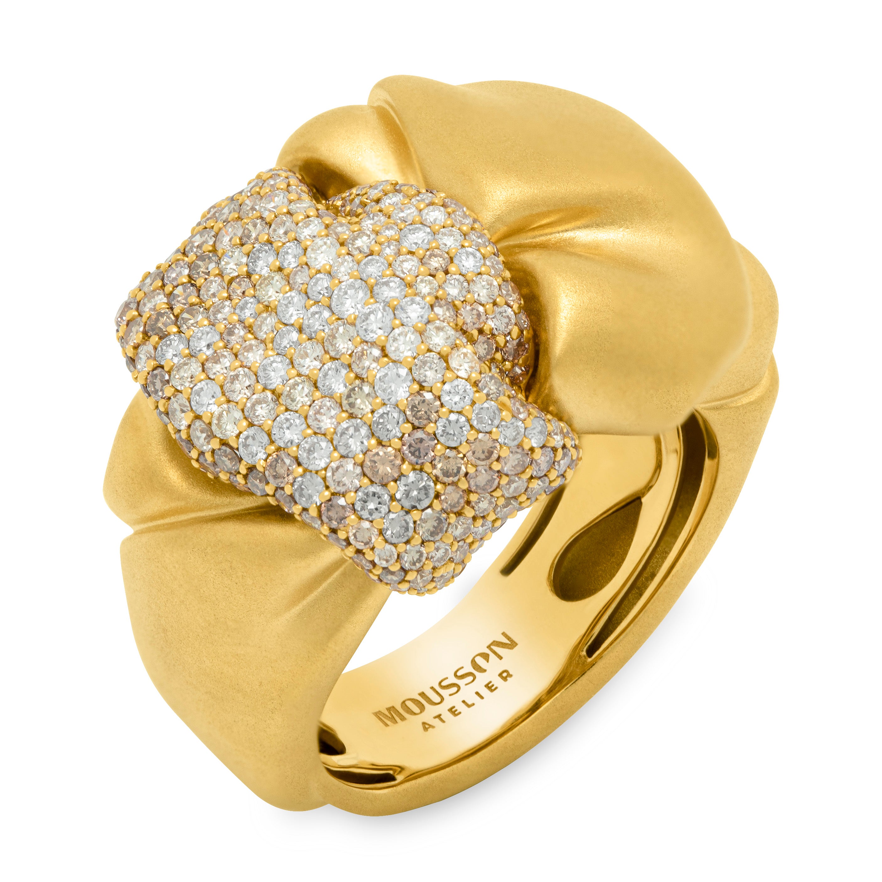 R 0132-2, 18K Yellow Gold, White and Champagne Diamonds Small Ring