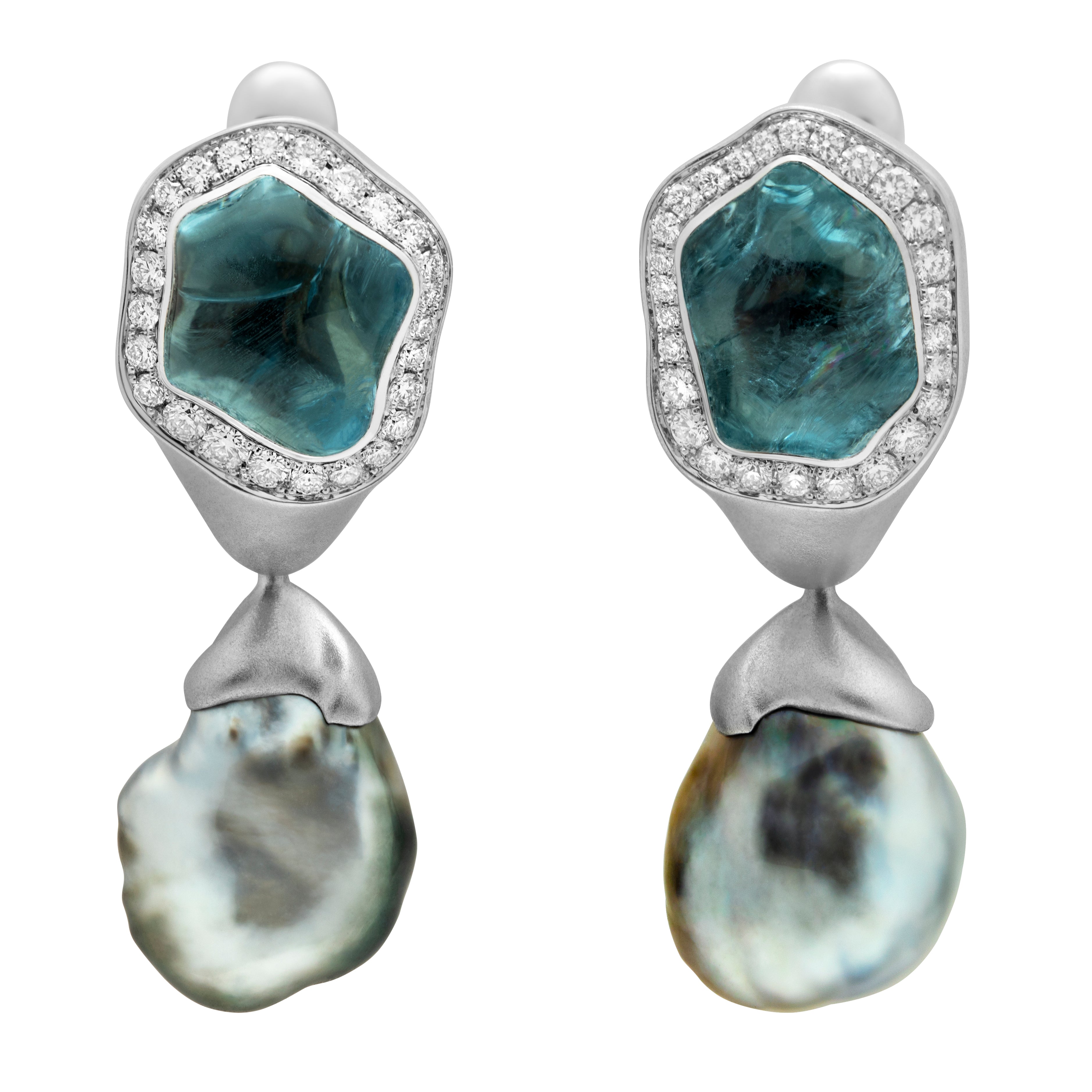 Aquamarine, Keshi Pearl, Diamonds 18K White Gold Earrings, E 0030-4/1