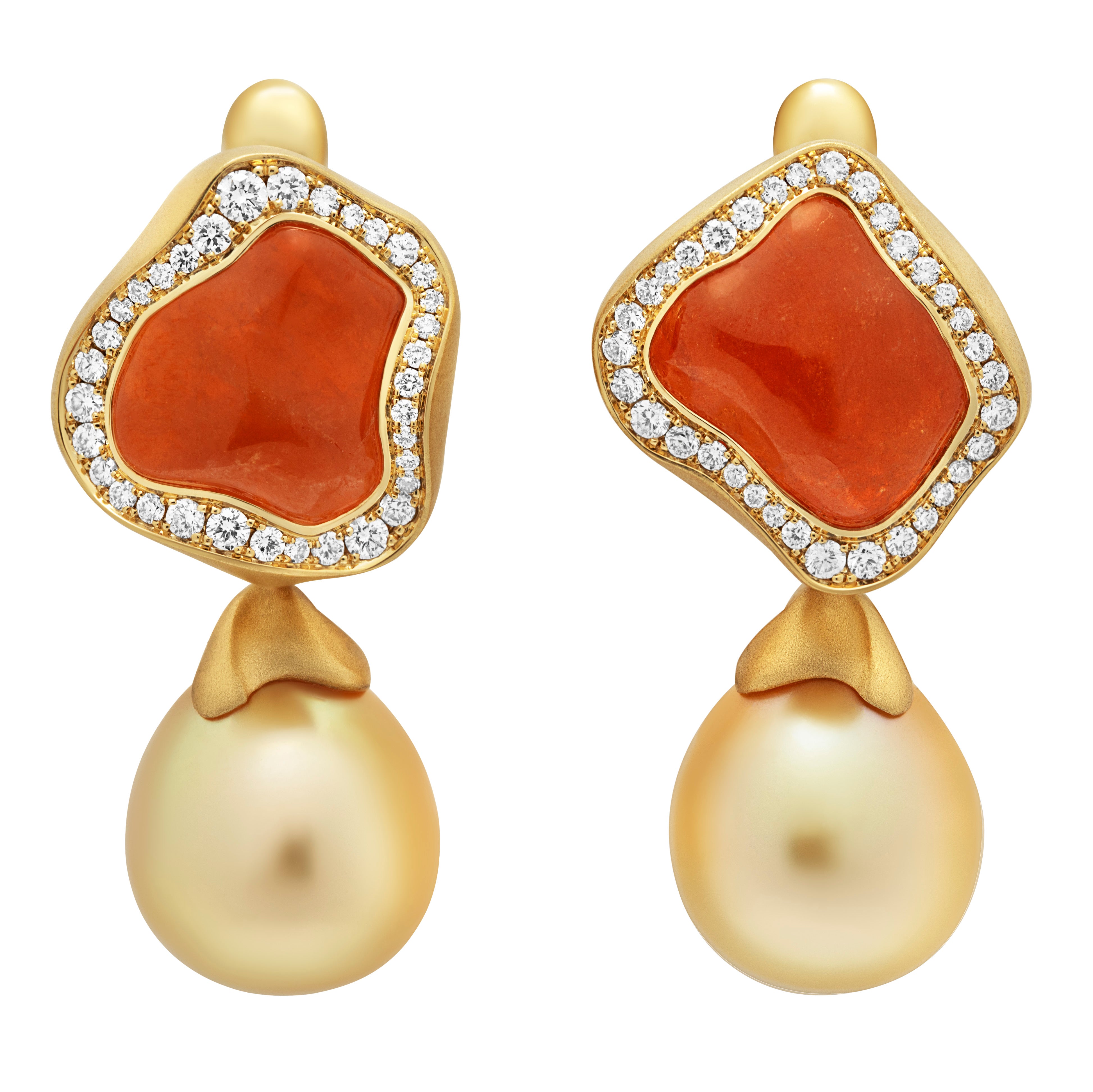 Spessartine Garnet, Golden South Sea Pearl, Diamonds 18K Yellow Gold Earrings, E 0030-84/1