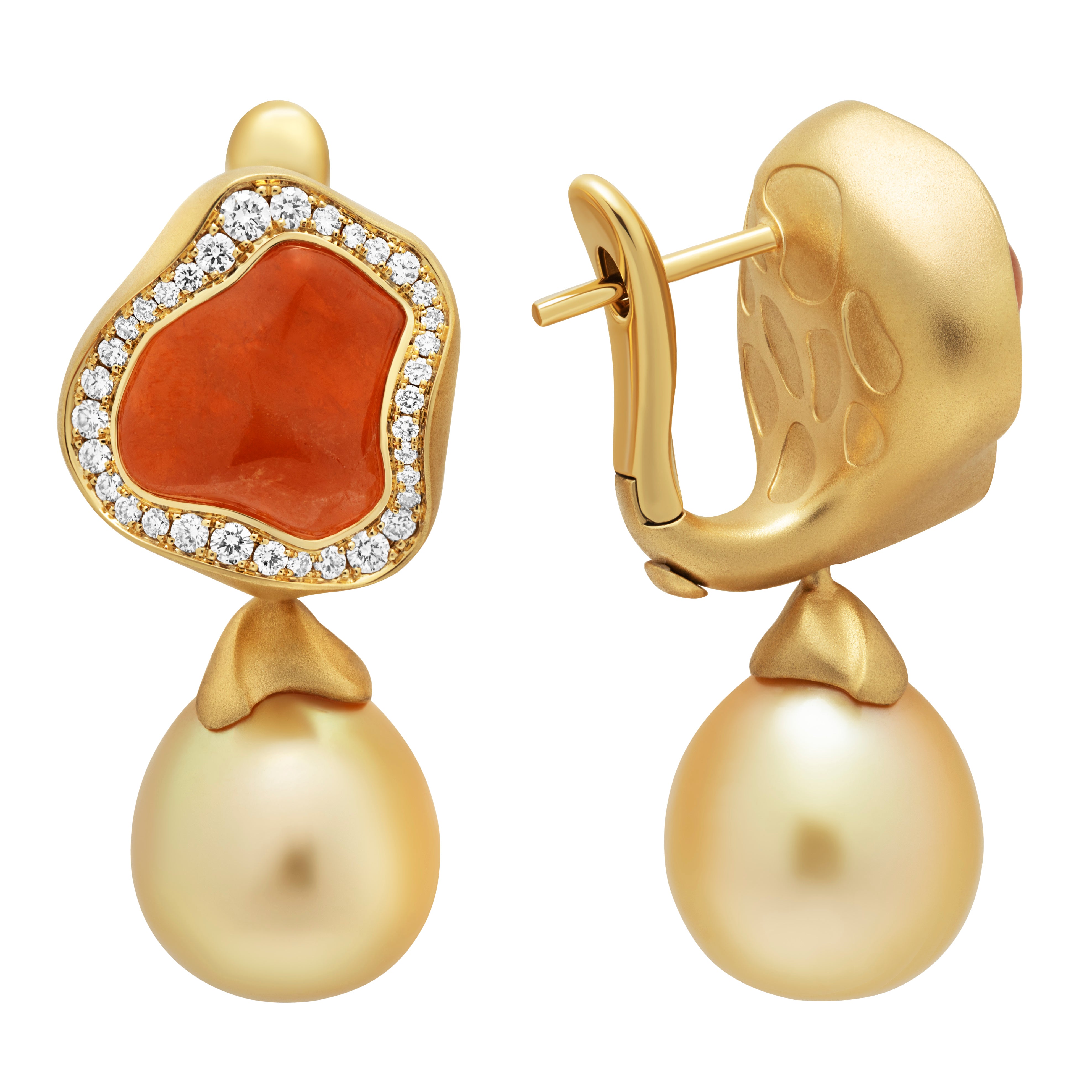 Spessartine Garnet, Golden South Sea Pearl, Diamonds 18K Yellow Gold Earrings, E 0030-84/1