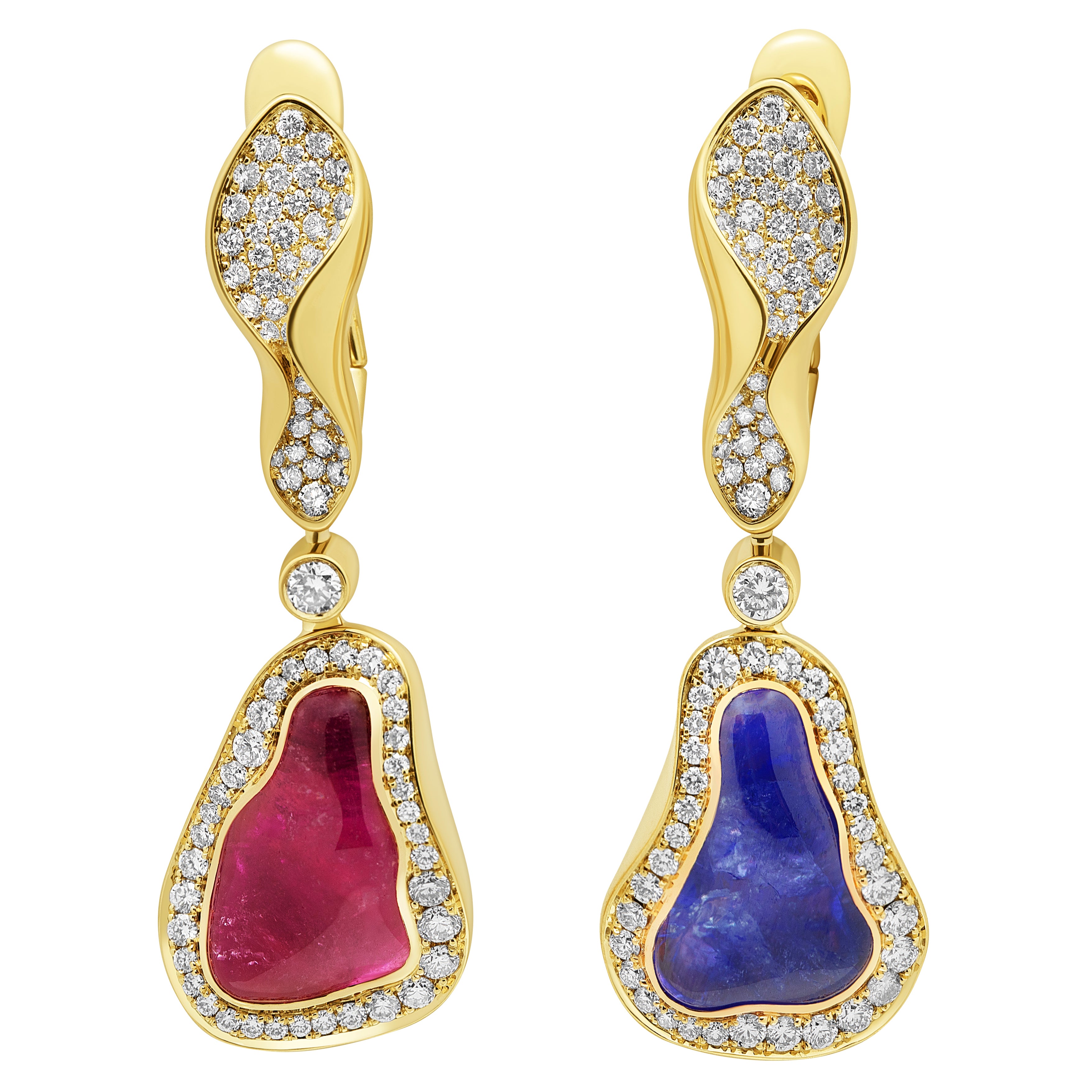 Rubellite, Tanzanite and Diamonds 18K Yellow Gold Earrings, E 0030-88/1