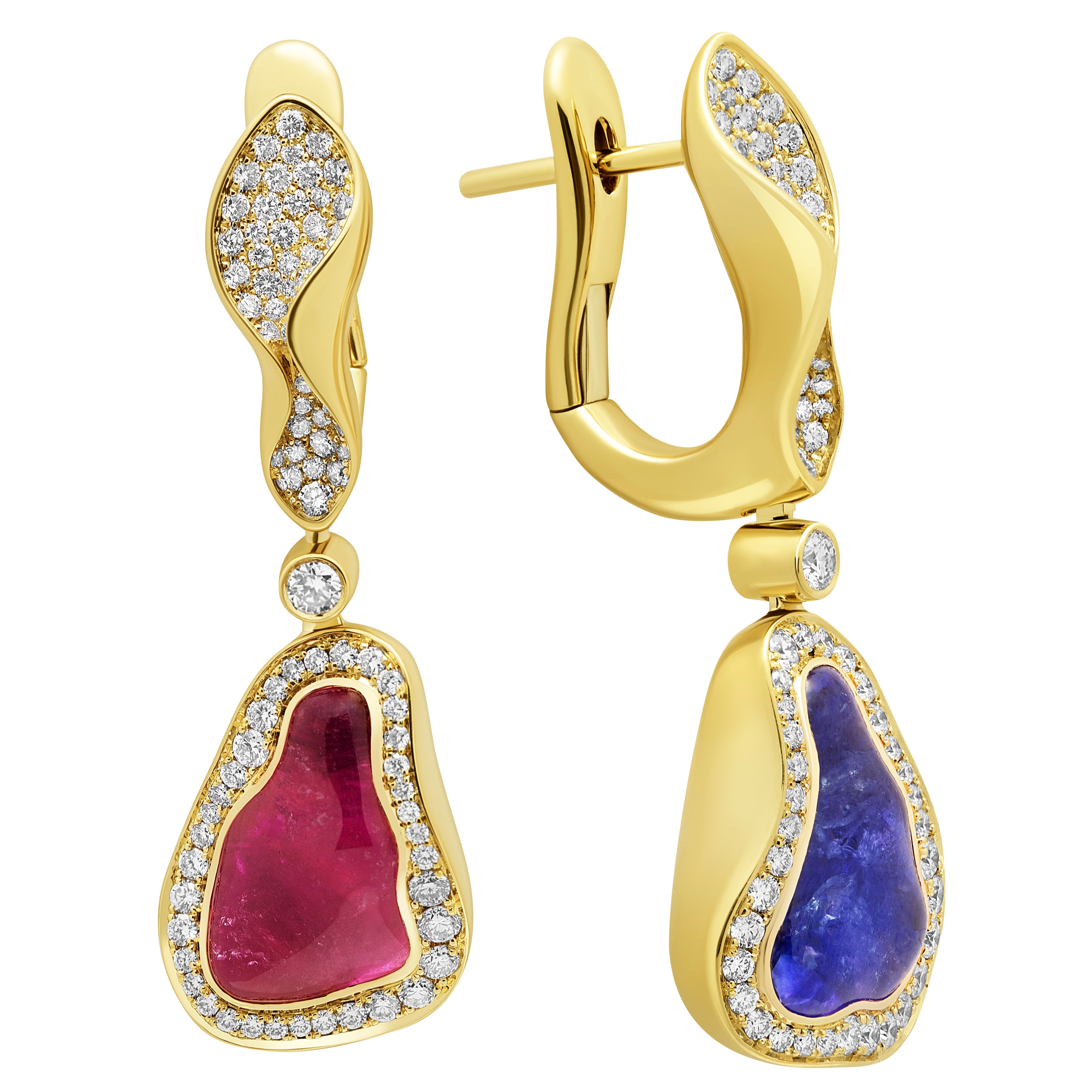 Rubellite, Tanzanite and Diamonds 18K Yellow Gold Earrings, E 0030-88/1
