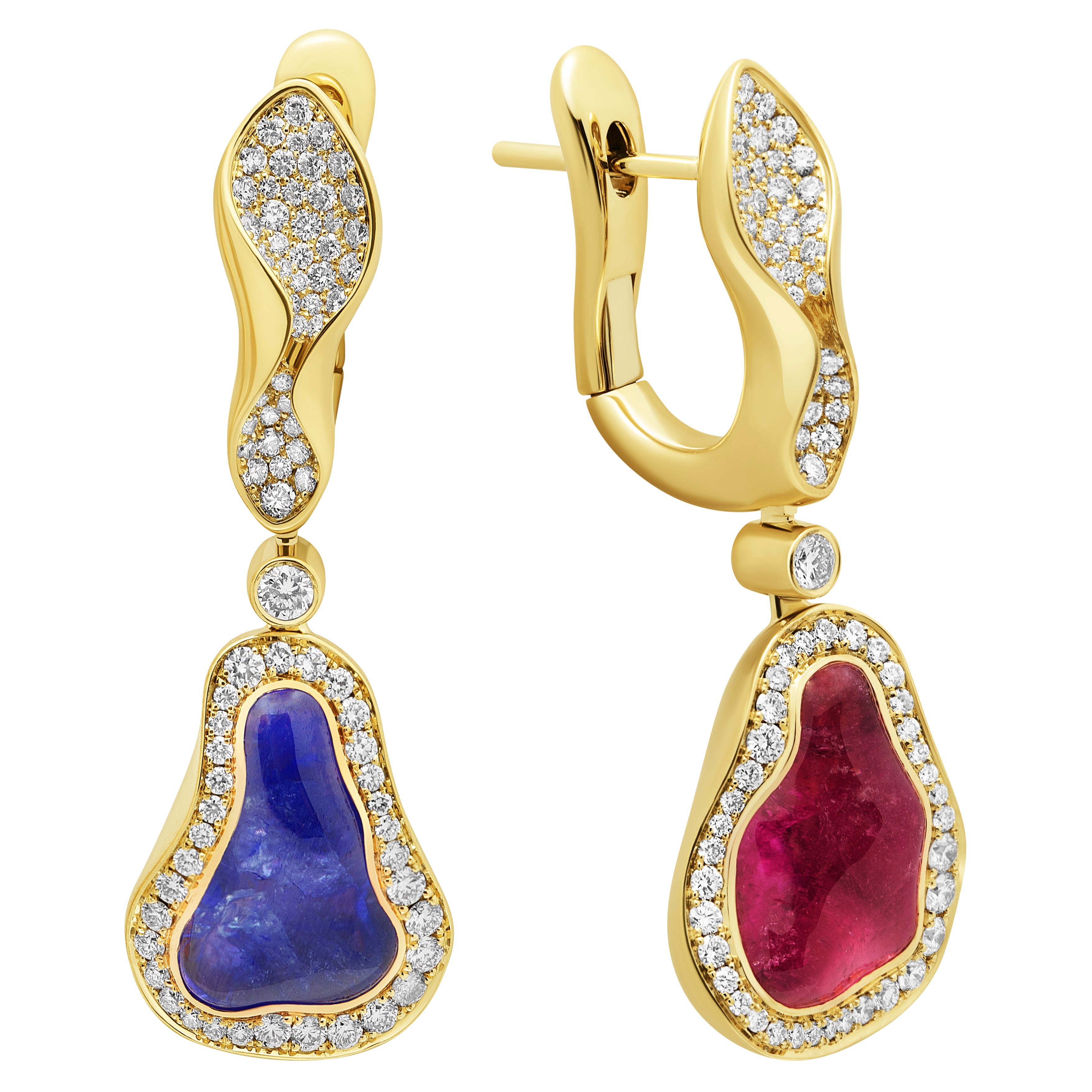 Rubellite, Tanzanite and Diamonds 18K Yellow Gold Earrings, E 0030-88/1