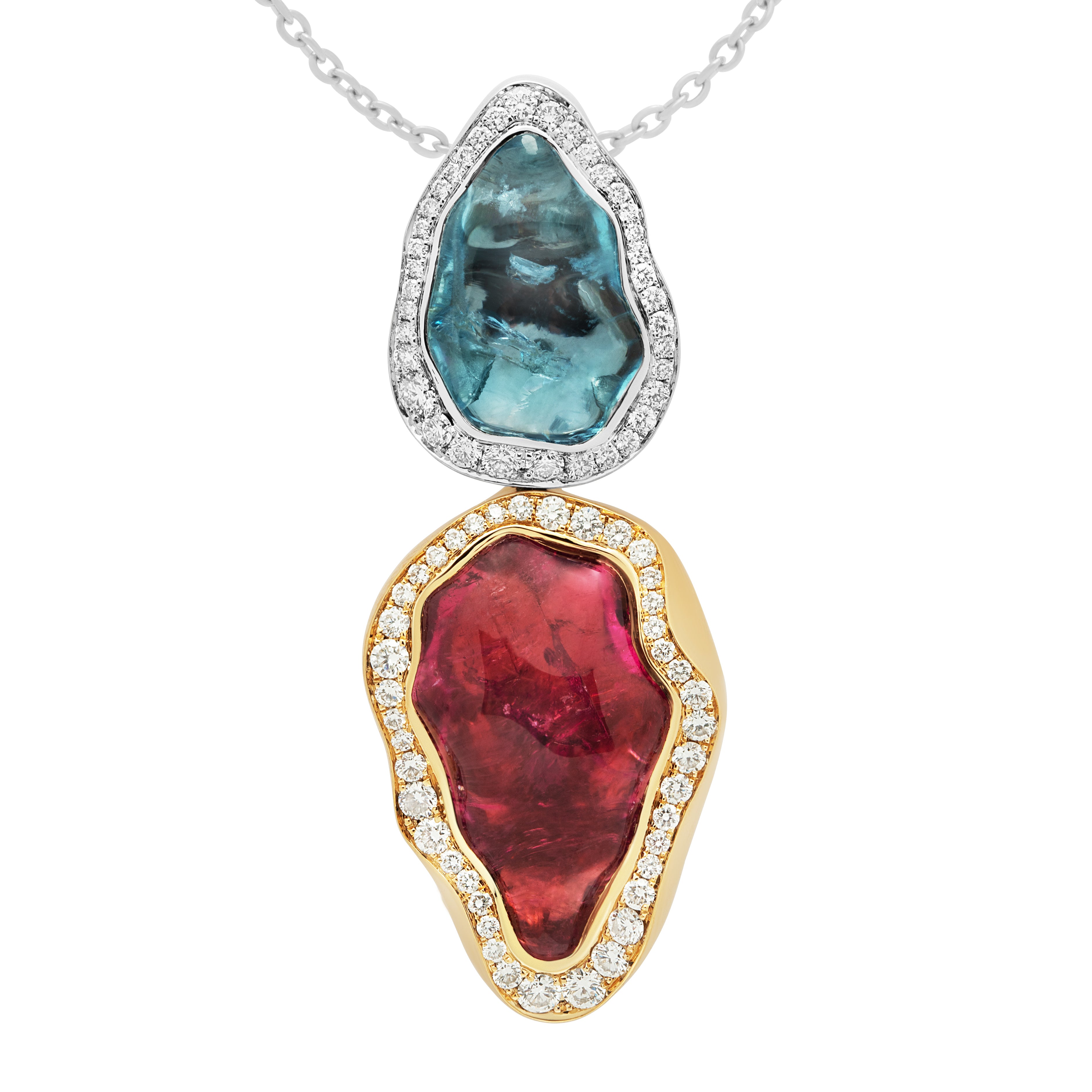 P 0030-81/1 18K Yellow White Gold, Rubellite Aquamarine Baroque, Diamonds Pendant