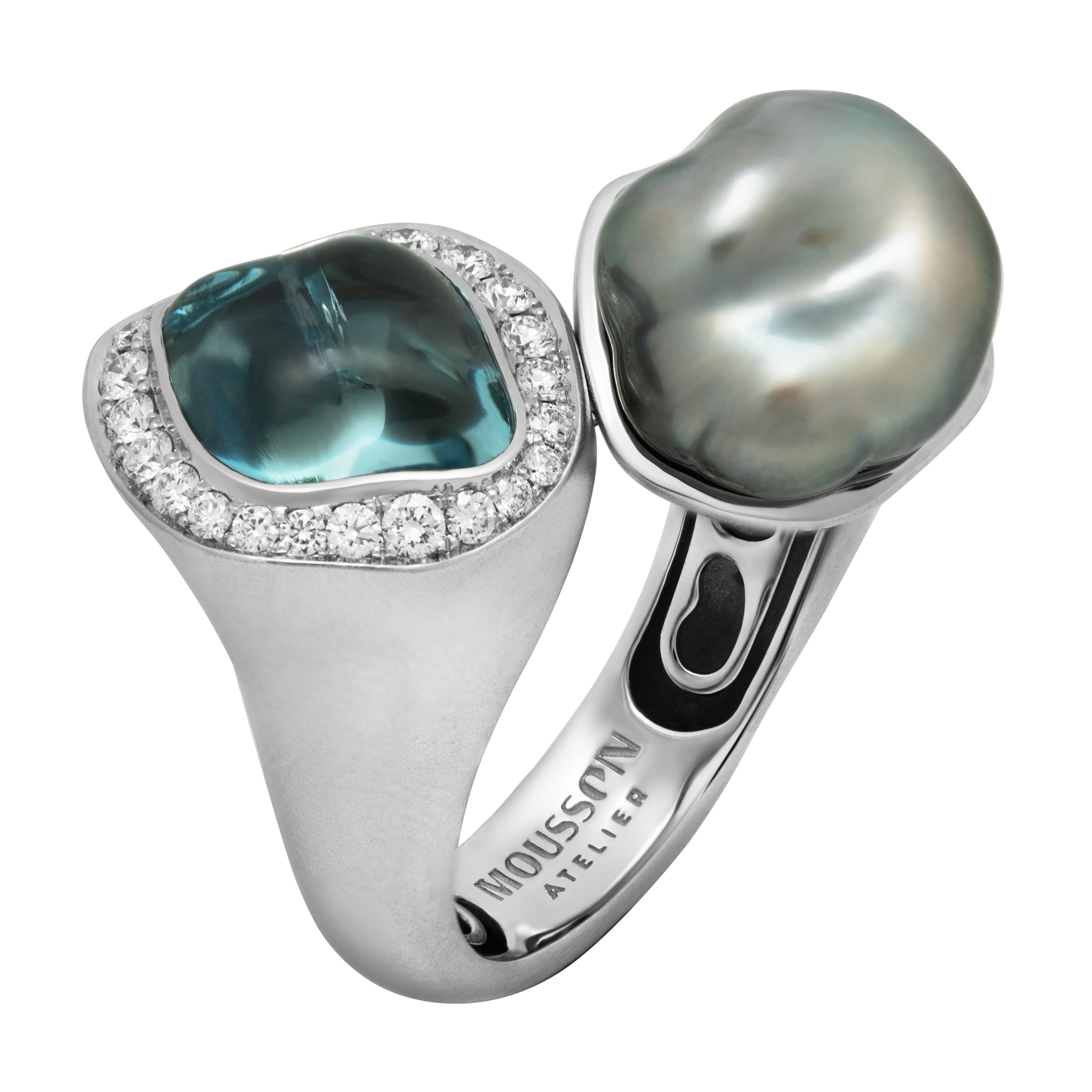 Aquamarine, Keshi Pearl, Diamonds Ring 18K White Gold, R 0030-4/1