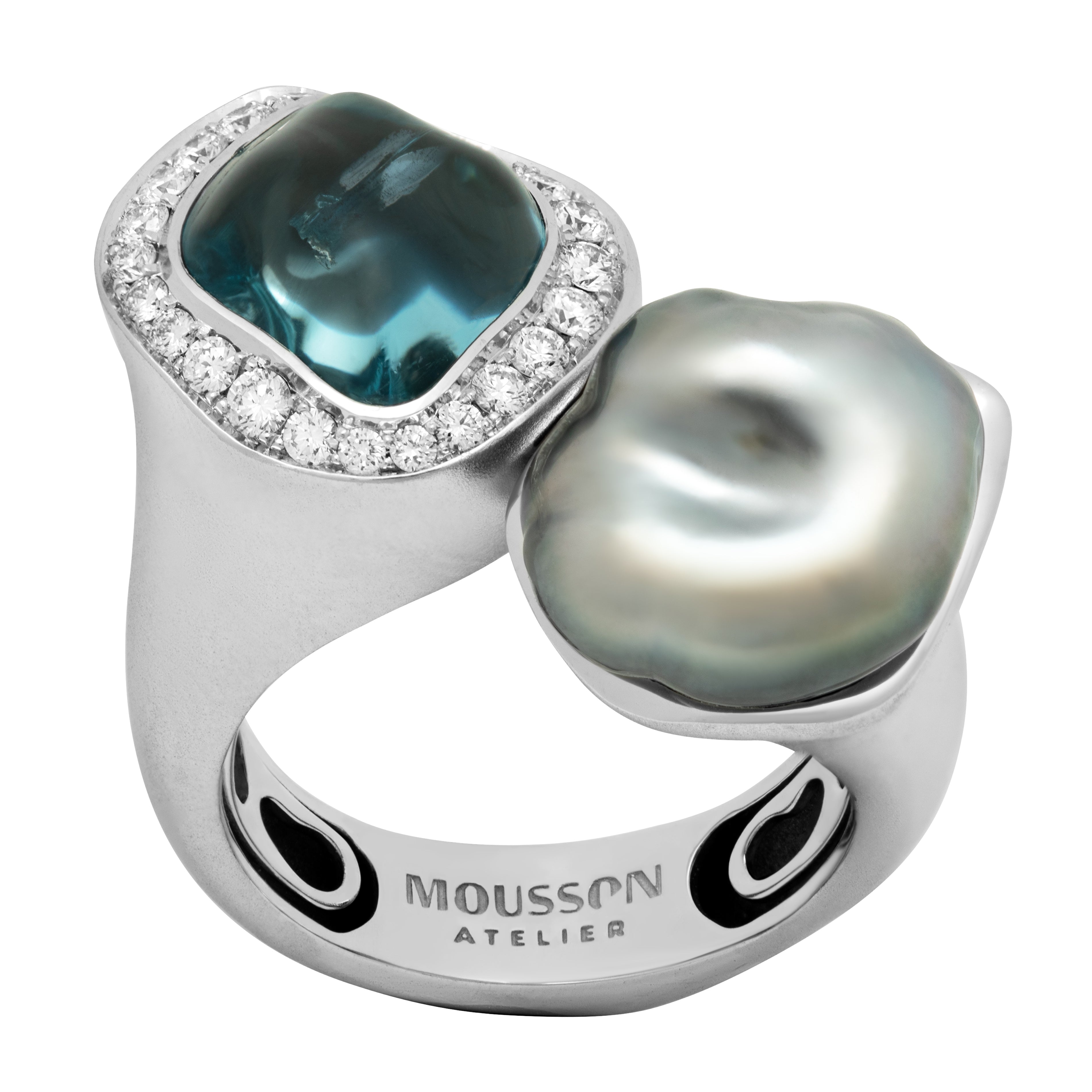 Aquamarine, Keshi Pearl, Diamonds Ring 18K White Gold, R 0030-4/1