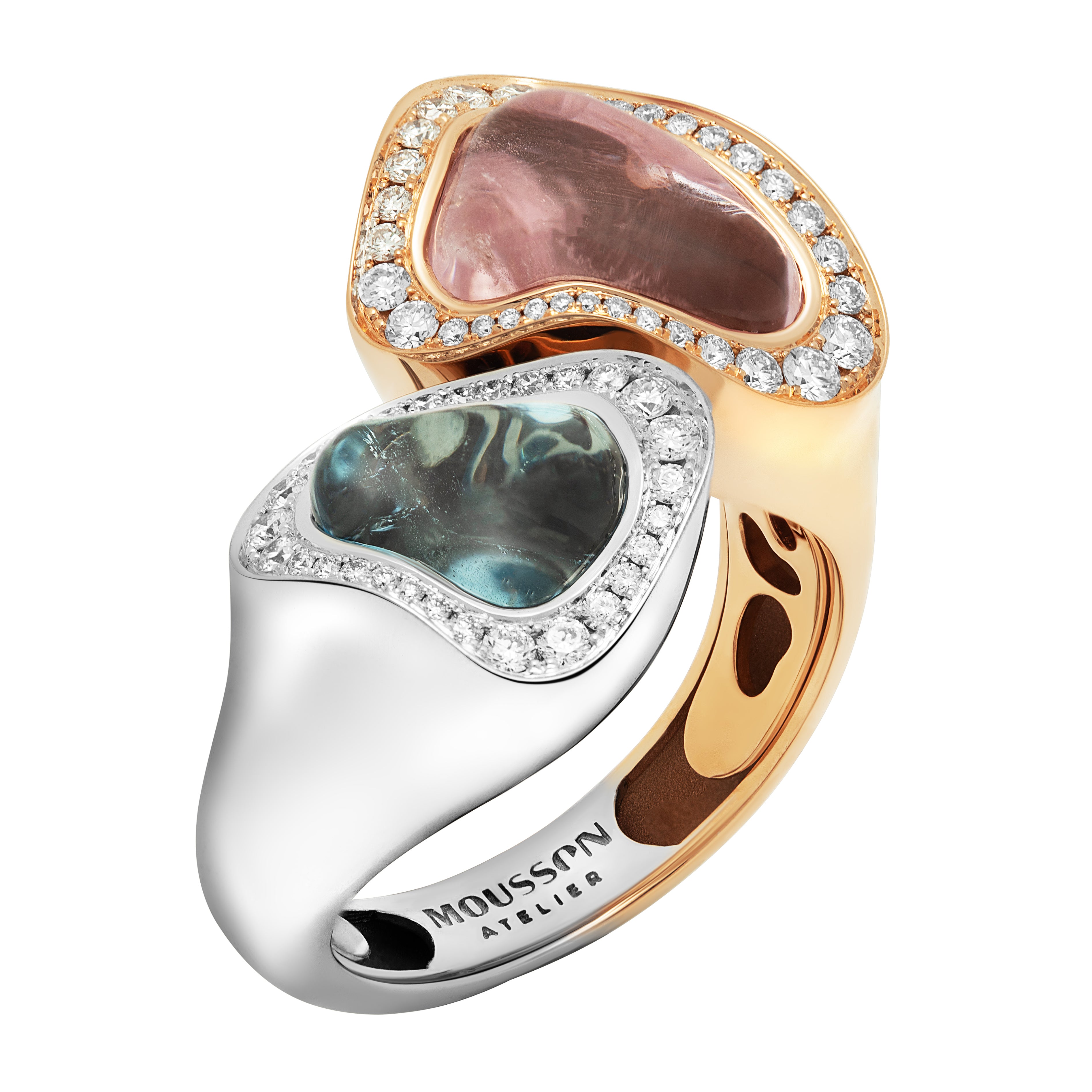 R 0030-48/1 18K White and Yellow Gold, Aquamarine, Morganite Diamonds Ring