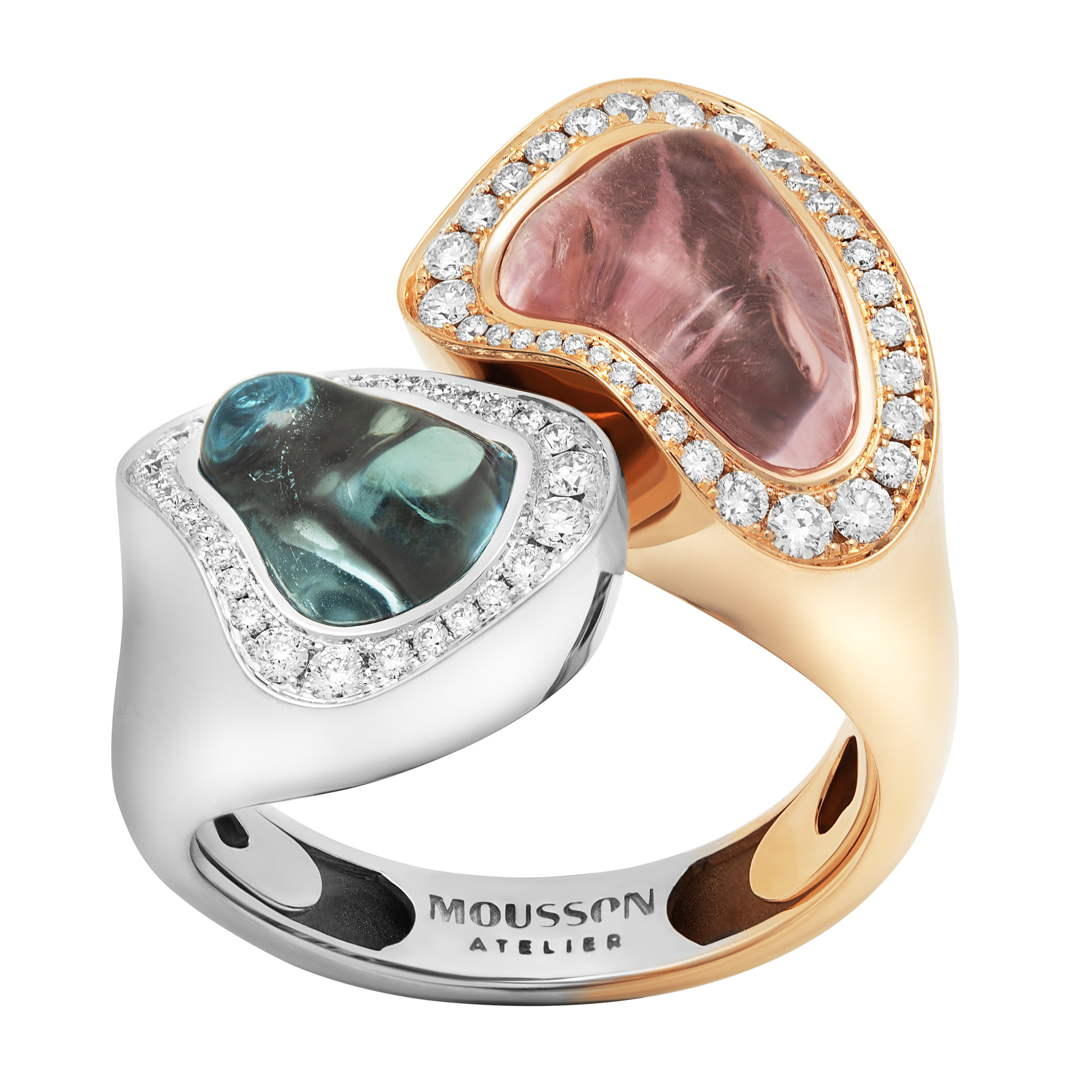 R 0030-48/1 18K White and Yellow Gold, Aquamarine, Morganite Diamonds Ring