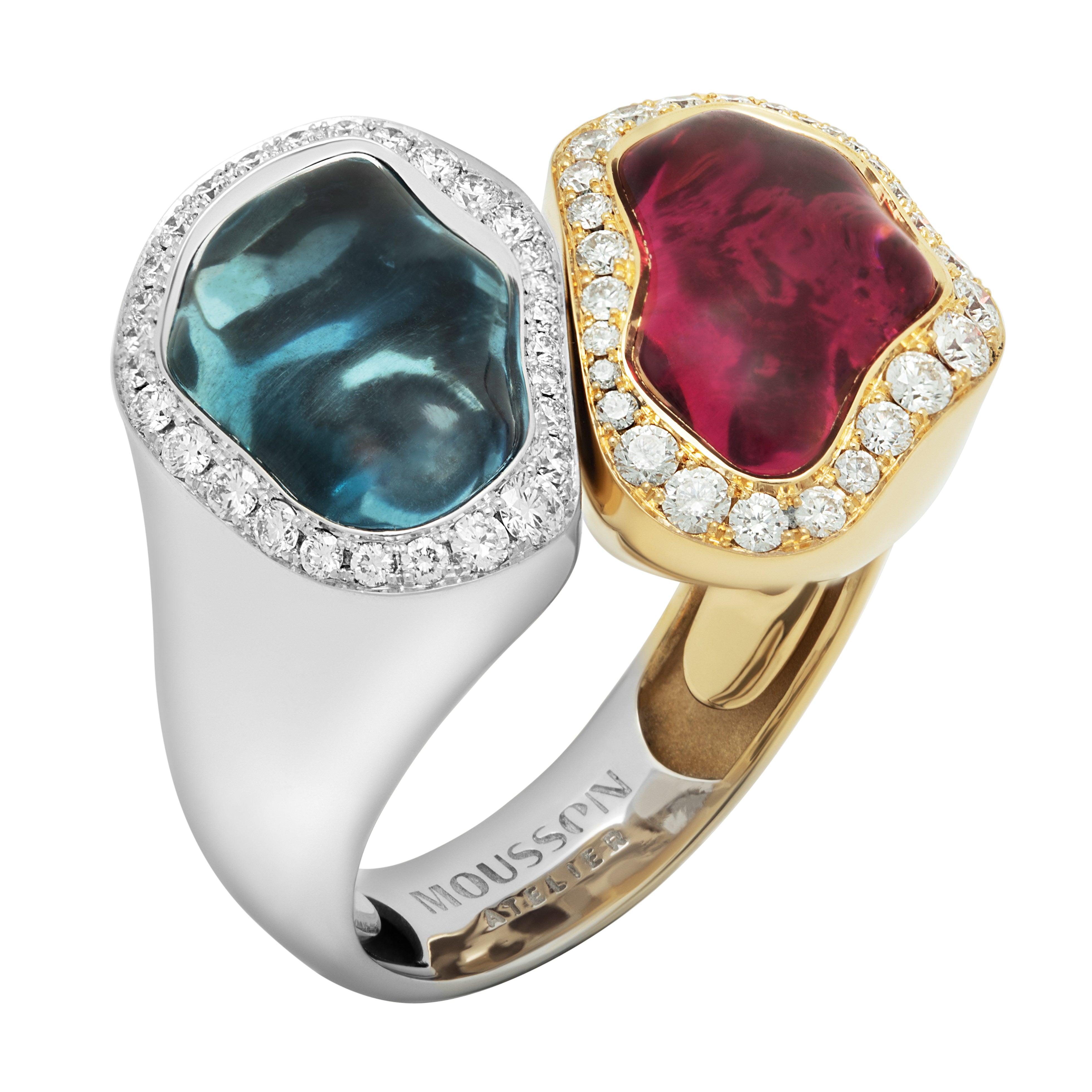 Aquamarine, Rubellite, Diamonds 18K White and Yellow Gold Ring, R 0030-81/1