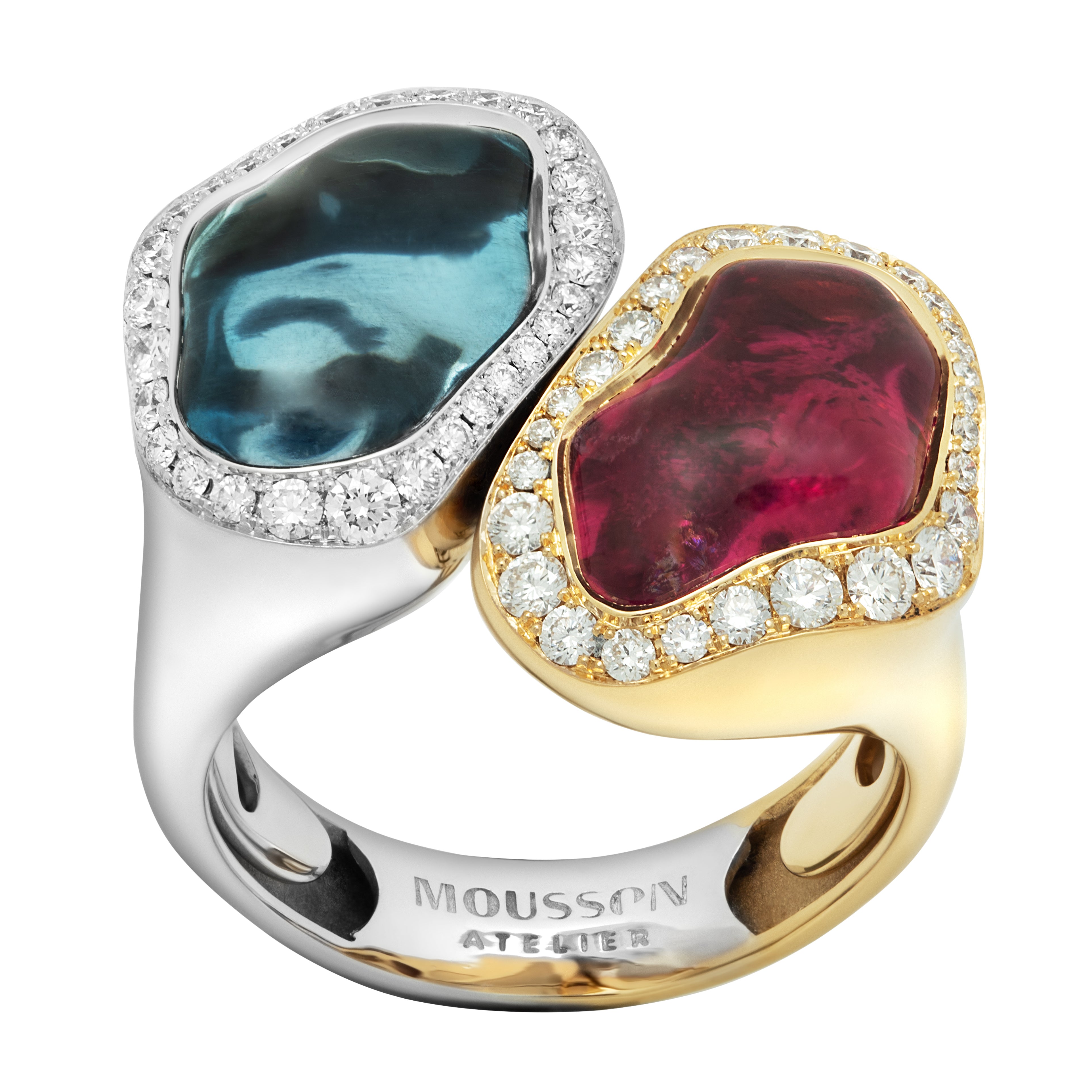 Aquamarine, Rubellite, Diamonds 18K White and Yellow Gold Ring, R 0030-81/1