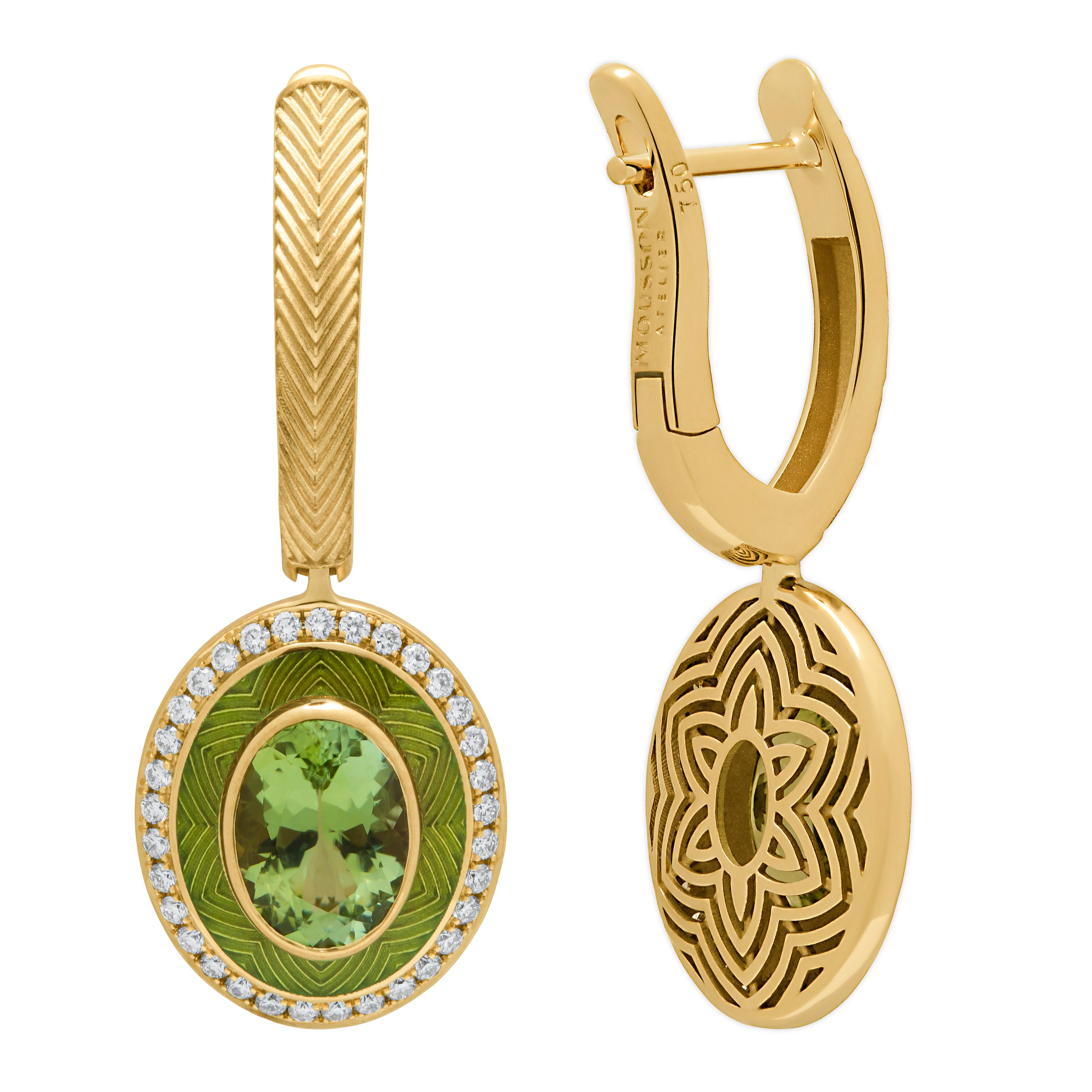 E 0084-3 18K Yellow Gold, Green Tourmaline, Diamonds, Enamel Earrings