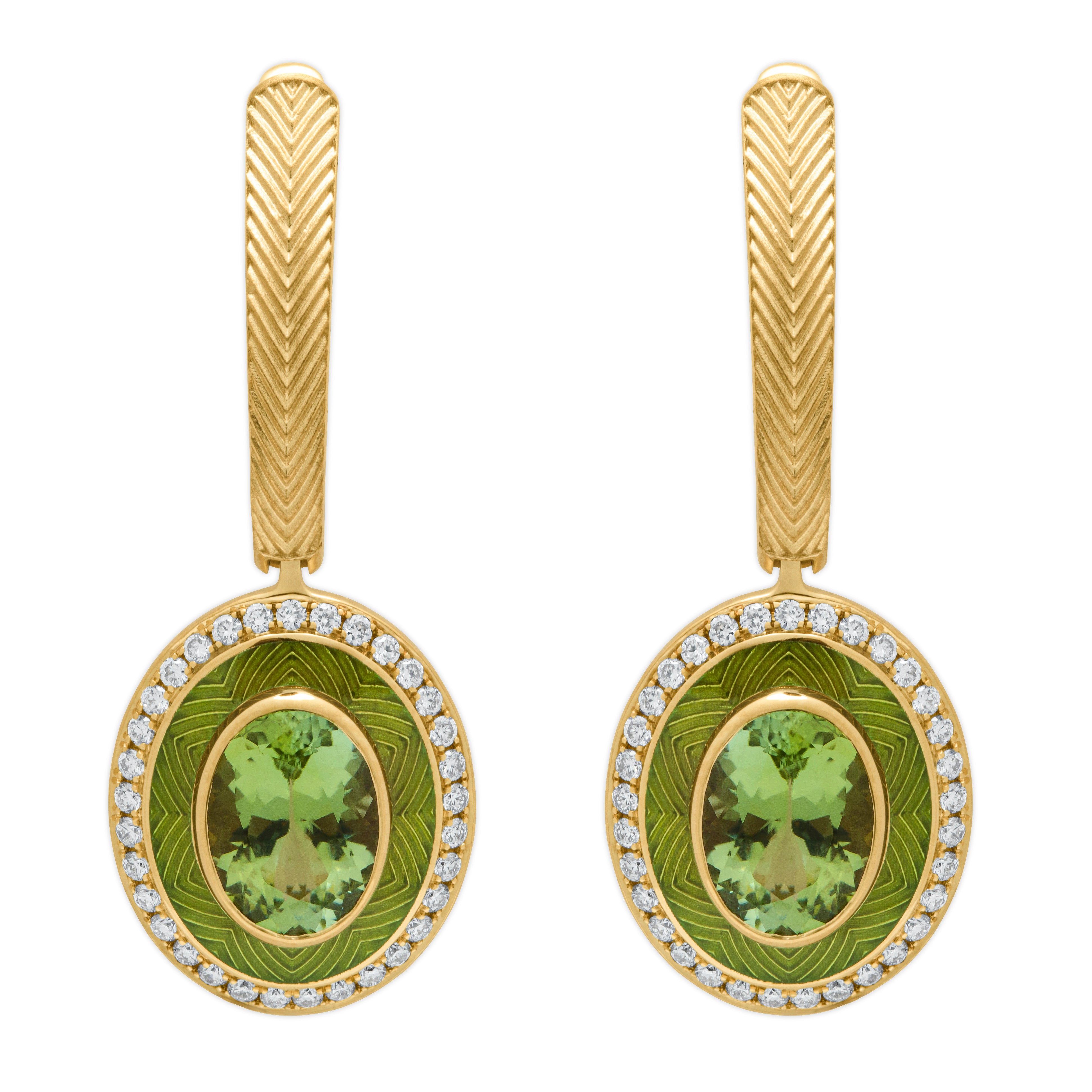 E 0084-3 18K Yellow Gold, Green Tourmaline, Diamonds, Enamel Earrings