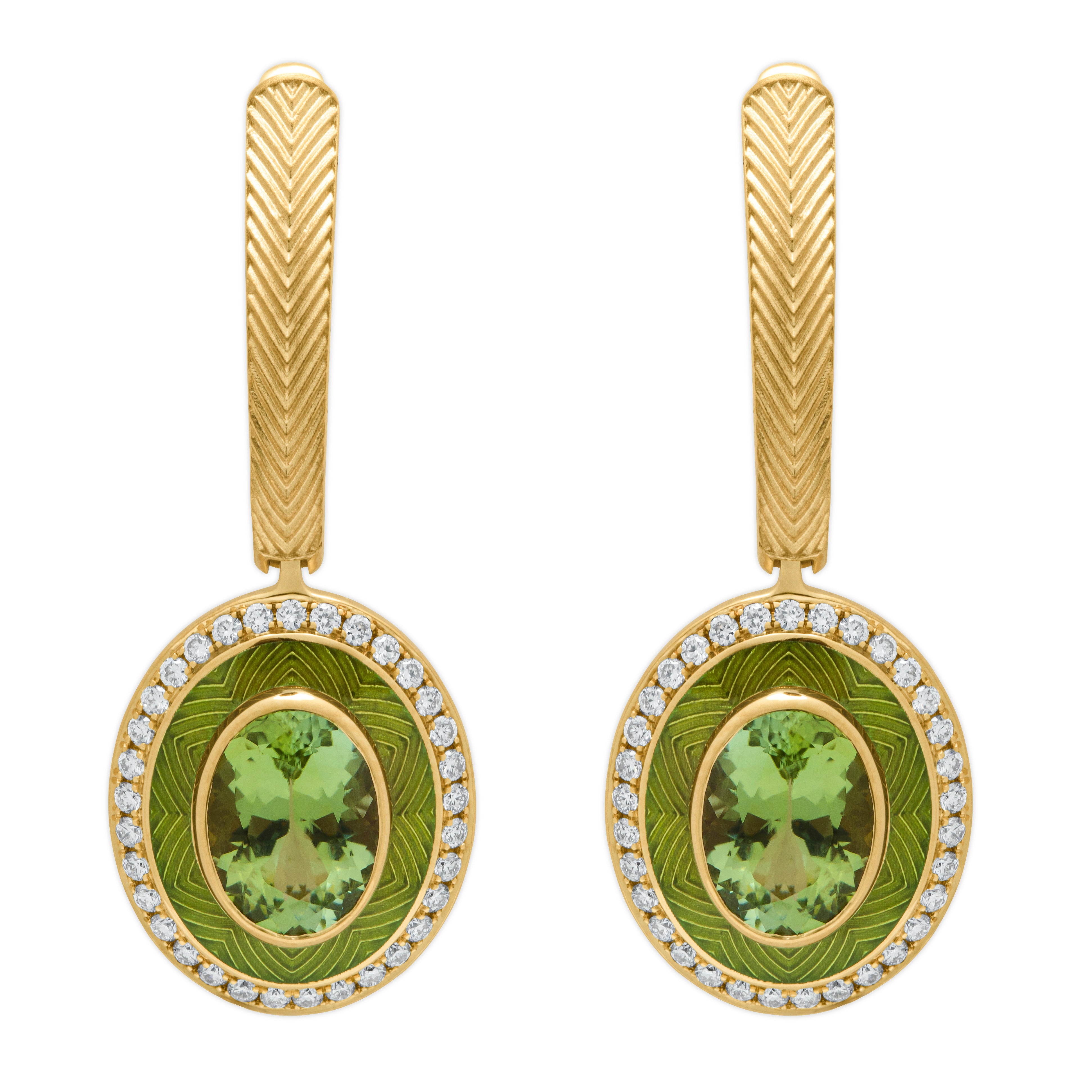 Green Tourmaline, Diamonds, Enamel 18K Yellow Gold Earrings, E 0084-3