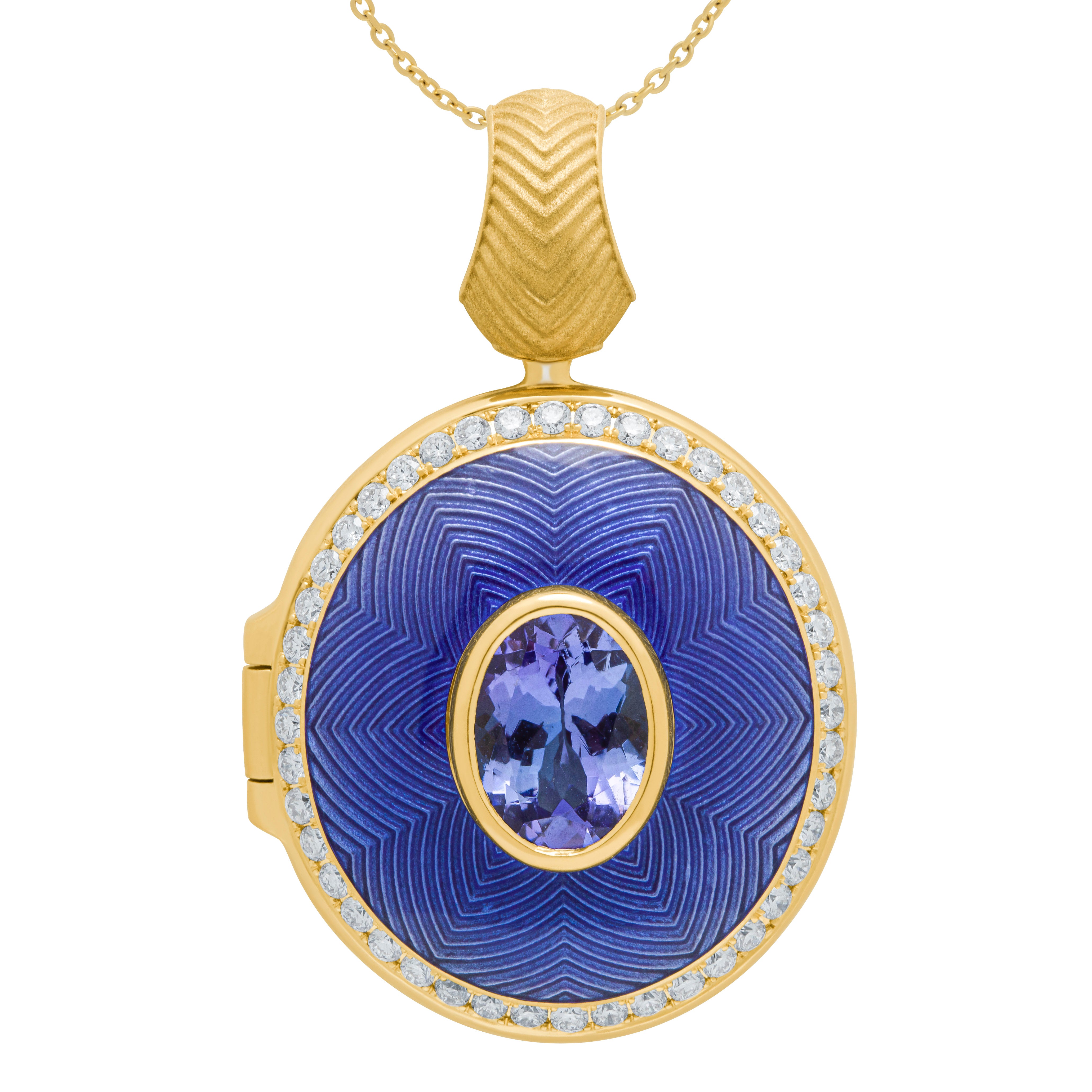 Enamel, Tanzanite, Diamonds 18K Yellow Gold Locket Pendant, P 0084-2