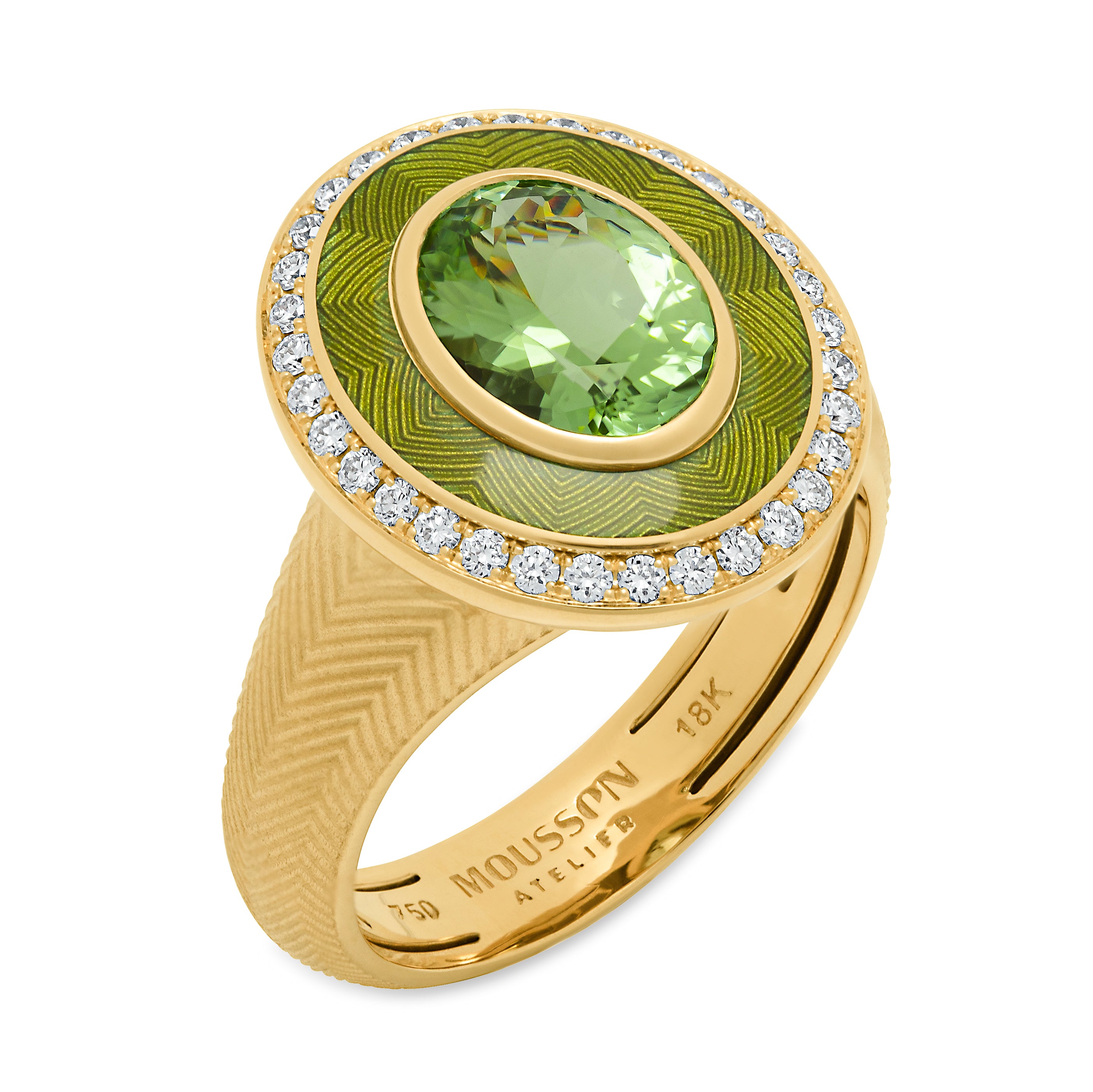 R 0084-2 18K Yellow Gold, Enamel, Green Tourmaline, Diamonds Ring