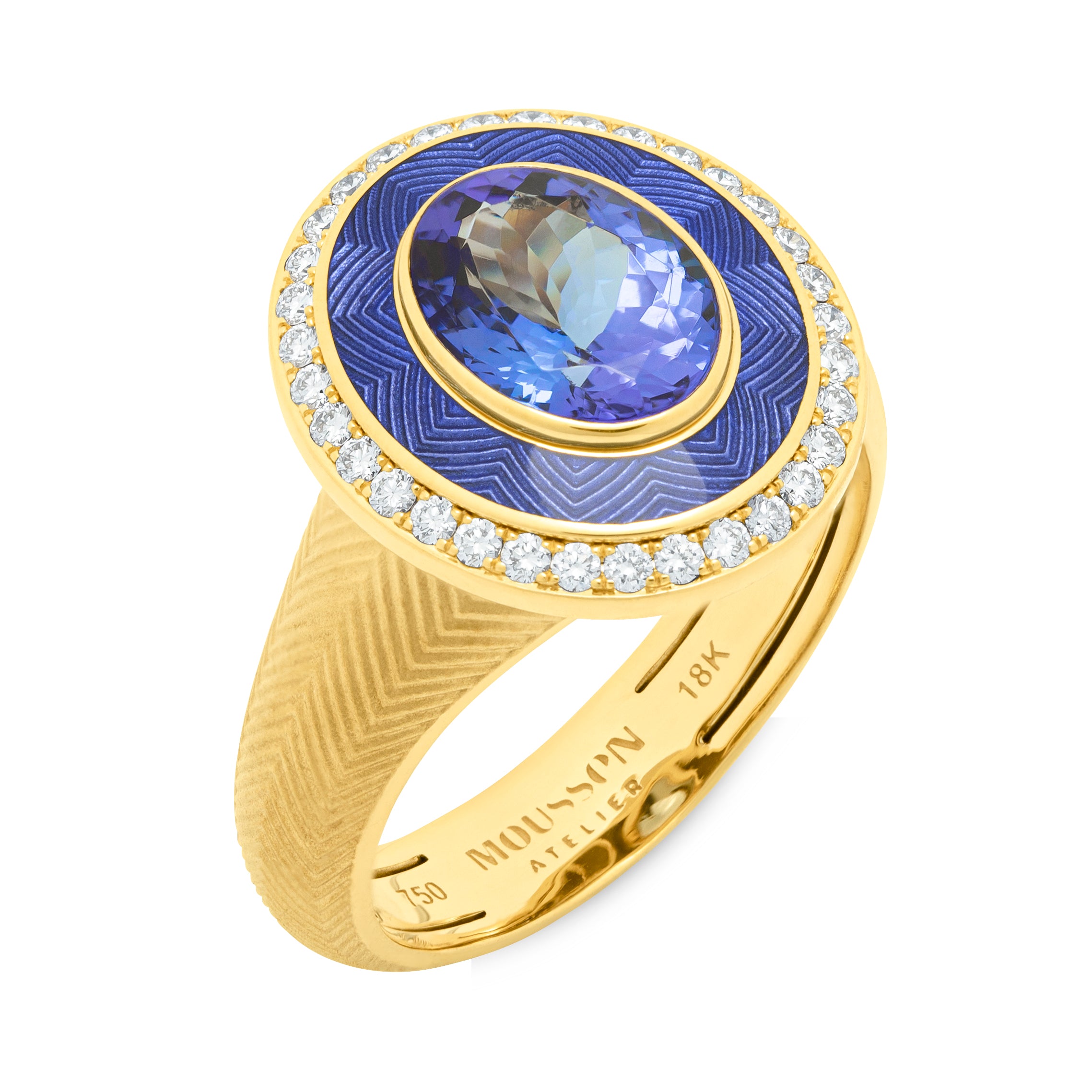 R 0084-2 18K Yellow Gold, Enamel, Tanzanite, Diamonds Ring