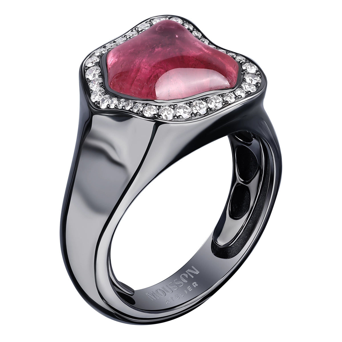 A high-polish black ring with a large, wavy baroque-shaped rubellite tourmaline and a halo of small diamonds, shown on a white background. The inside of the band is engraved with the brand name 'Mousson Atelier'.