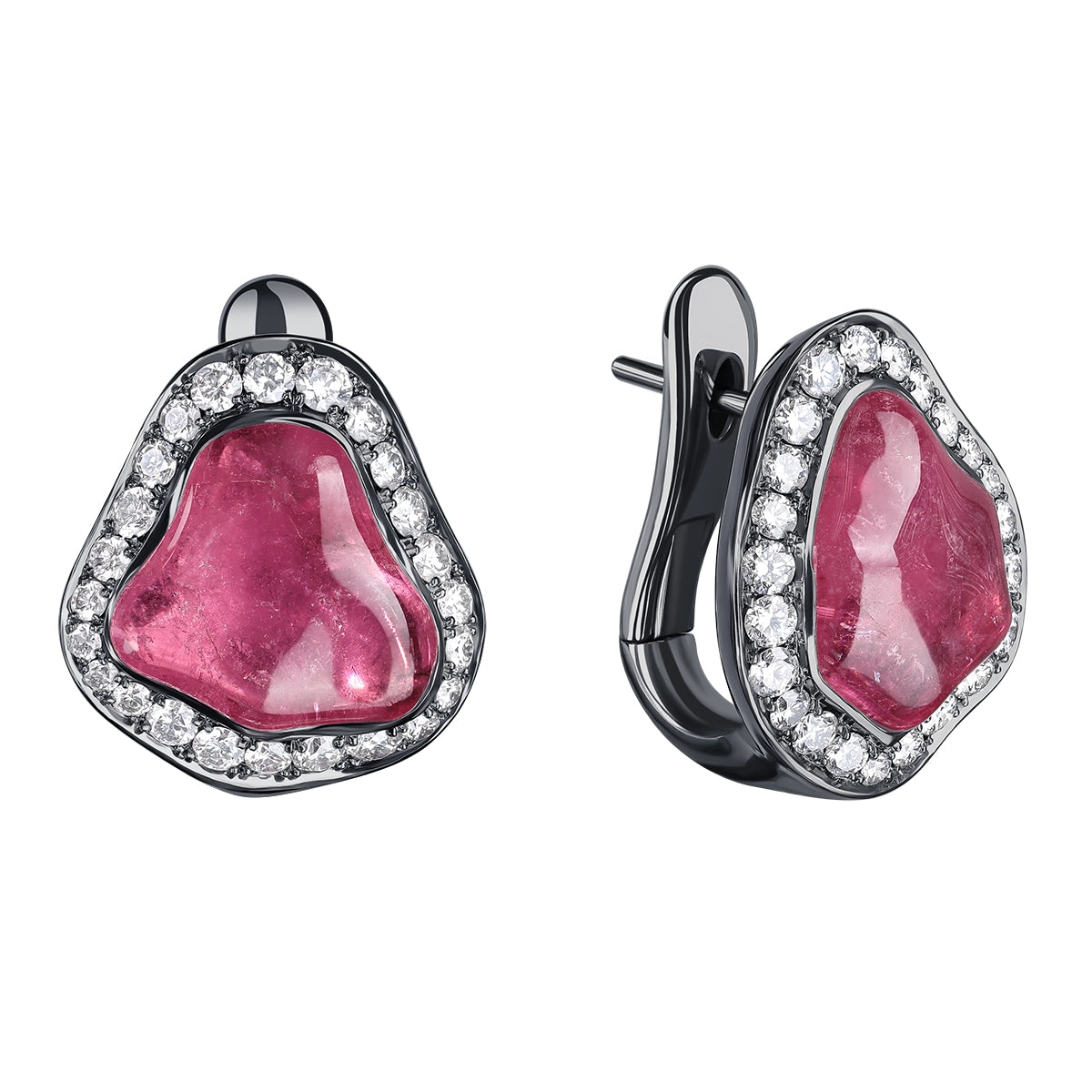 A pair of teardrop-shaped hoop earrings featuring large, baroque-shaped rubellite tourmalines surrounded by a halo of diamonds in a black gold setting.