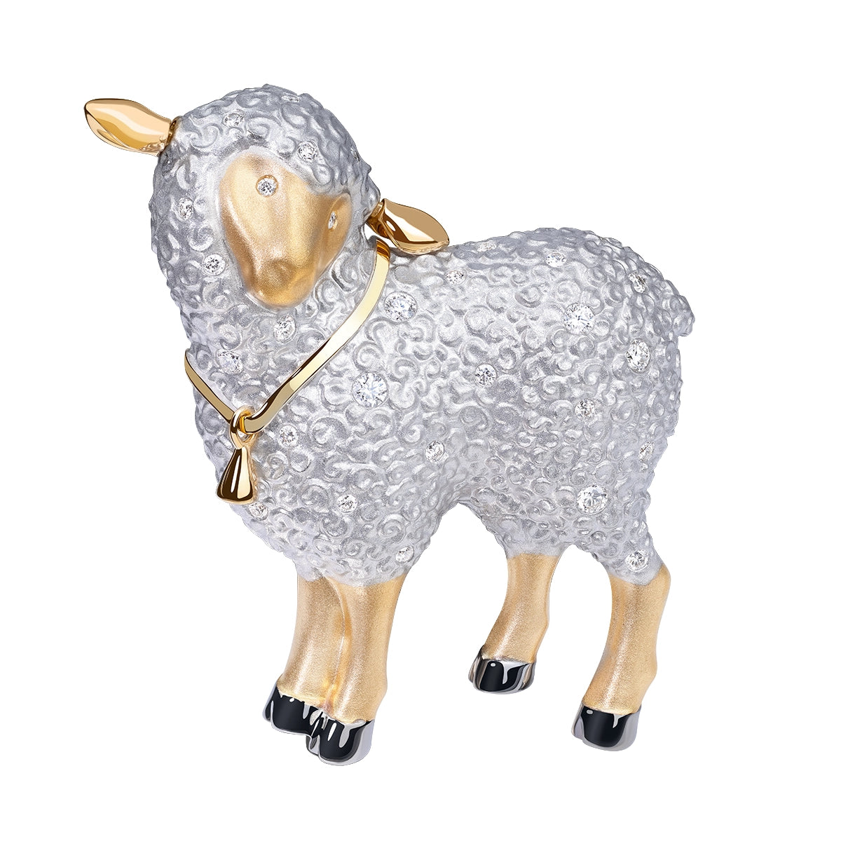 A decorative sheep figurine with a textured white gold body, yellow gold face, legs, and hooves, wearing a gold harness with a small bell, set against a plain white background.