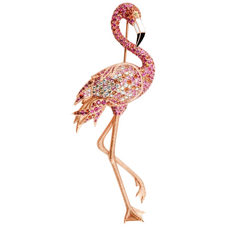 Enamel, Pink and Orange Sapphires, Diamonds 18K Rose Gold Flamingo Brooch, Brs 0170-1