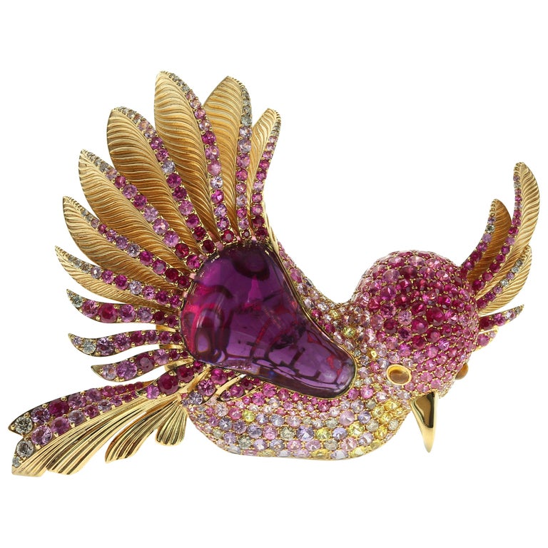 Rubellite, Champagne Diamonds, Sapphires 18K Yellow Gold Humming Bird Brooch, Brs 0075-0/1