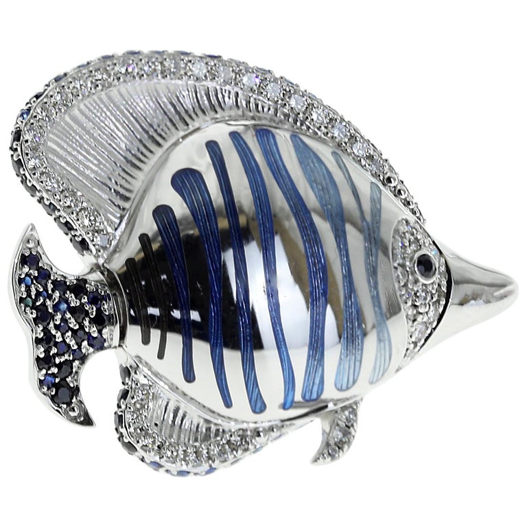 Enamel, Diamonds, Sapphires 18K White Gold Angel Fish Brooch, Brs 0252-2