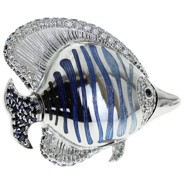 Brs 0252-2, 18K White Gold, Enamel, Diamonds, Sapphires Angel Fish Brooch