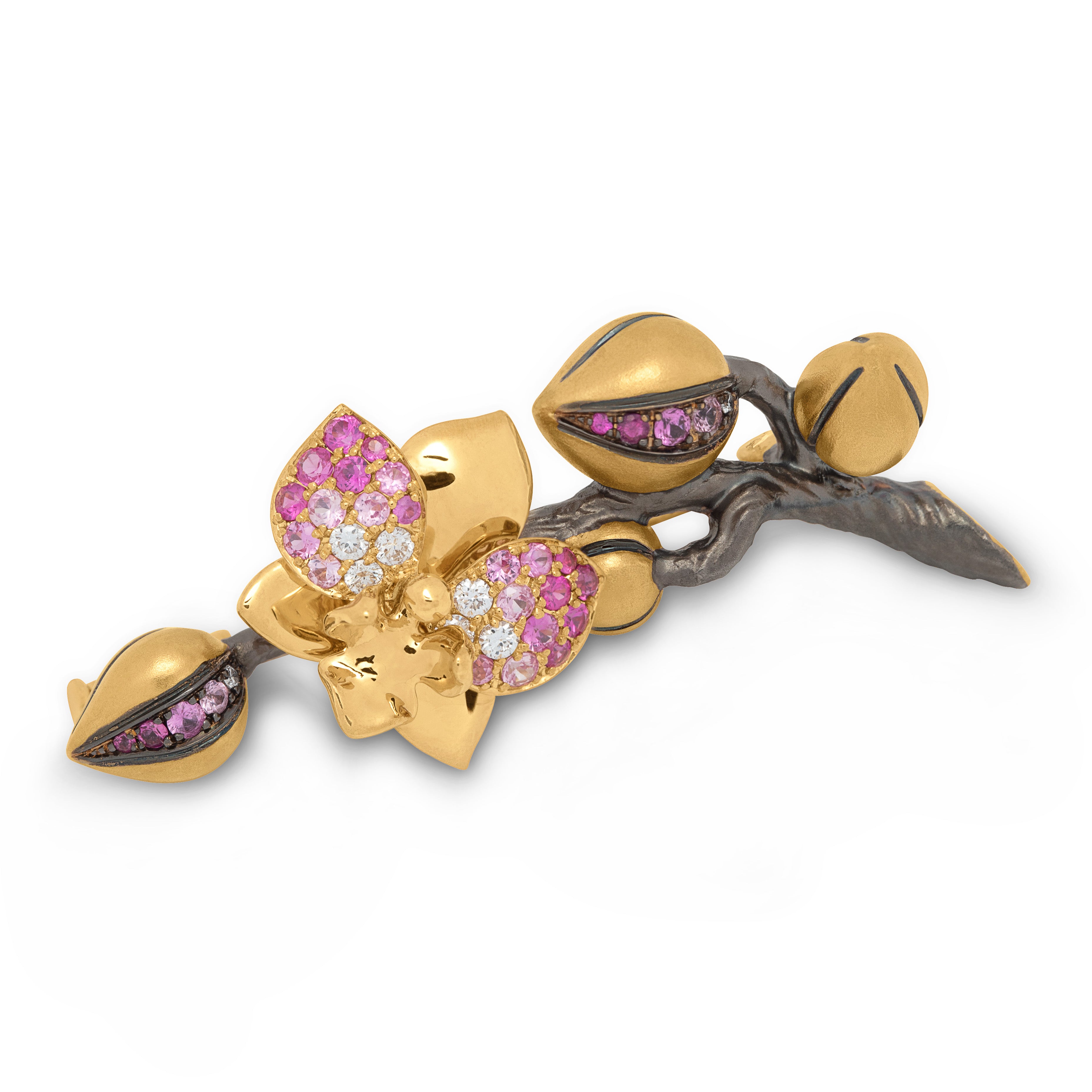 Pink Sapphires, Diamonds 18K Yellow Gold Brooch, Brs 0275-21