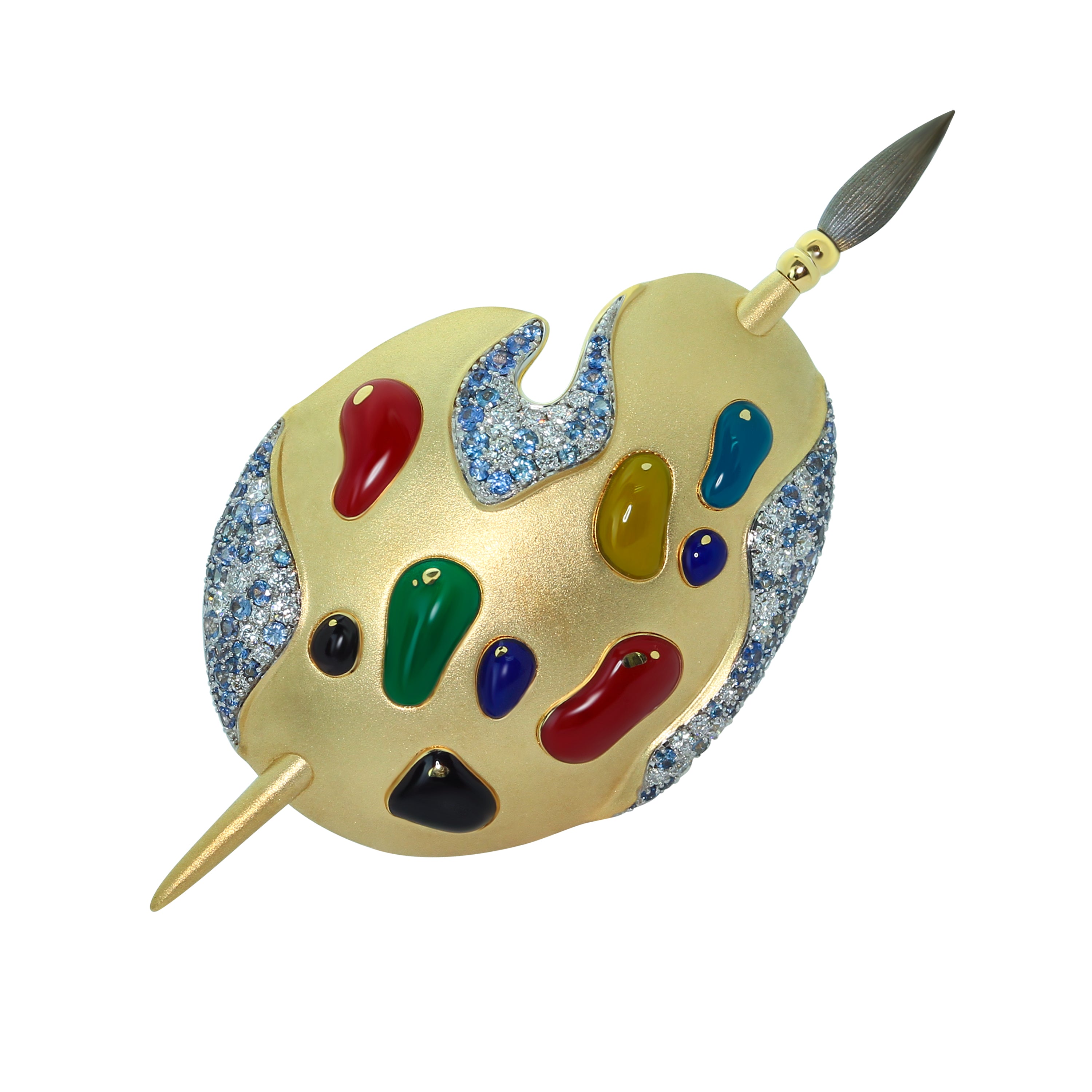 Brs 0032-0, 18K Yellow Gold, Enamel, Sapphire, Diamonds Palette and Brush Brooch