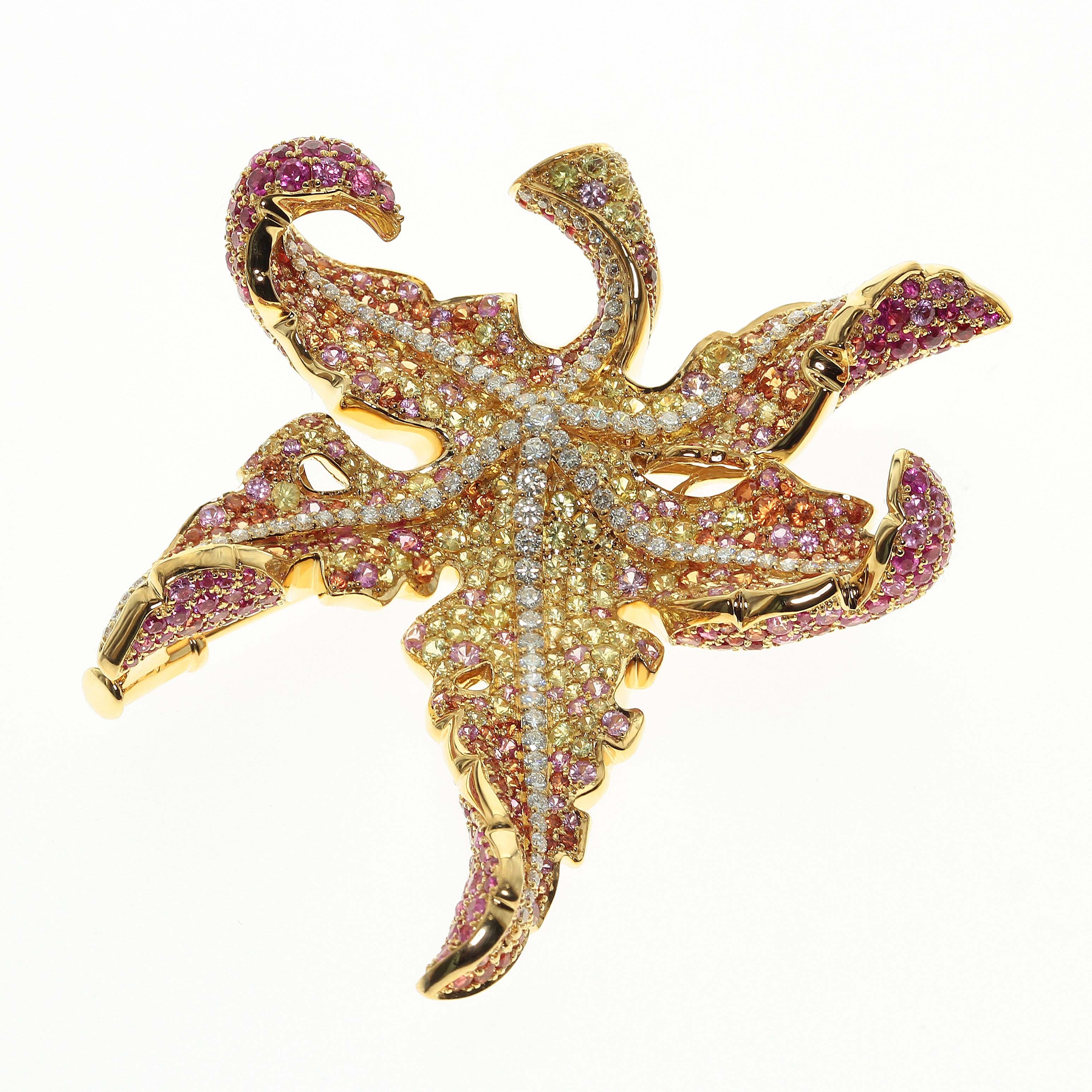 Diamonds, Pink, Yellow and Orange Sapphires 18K Yellow Gold Maple Leaf Brooch/Pendant, Brs 0042-0