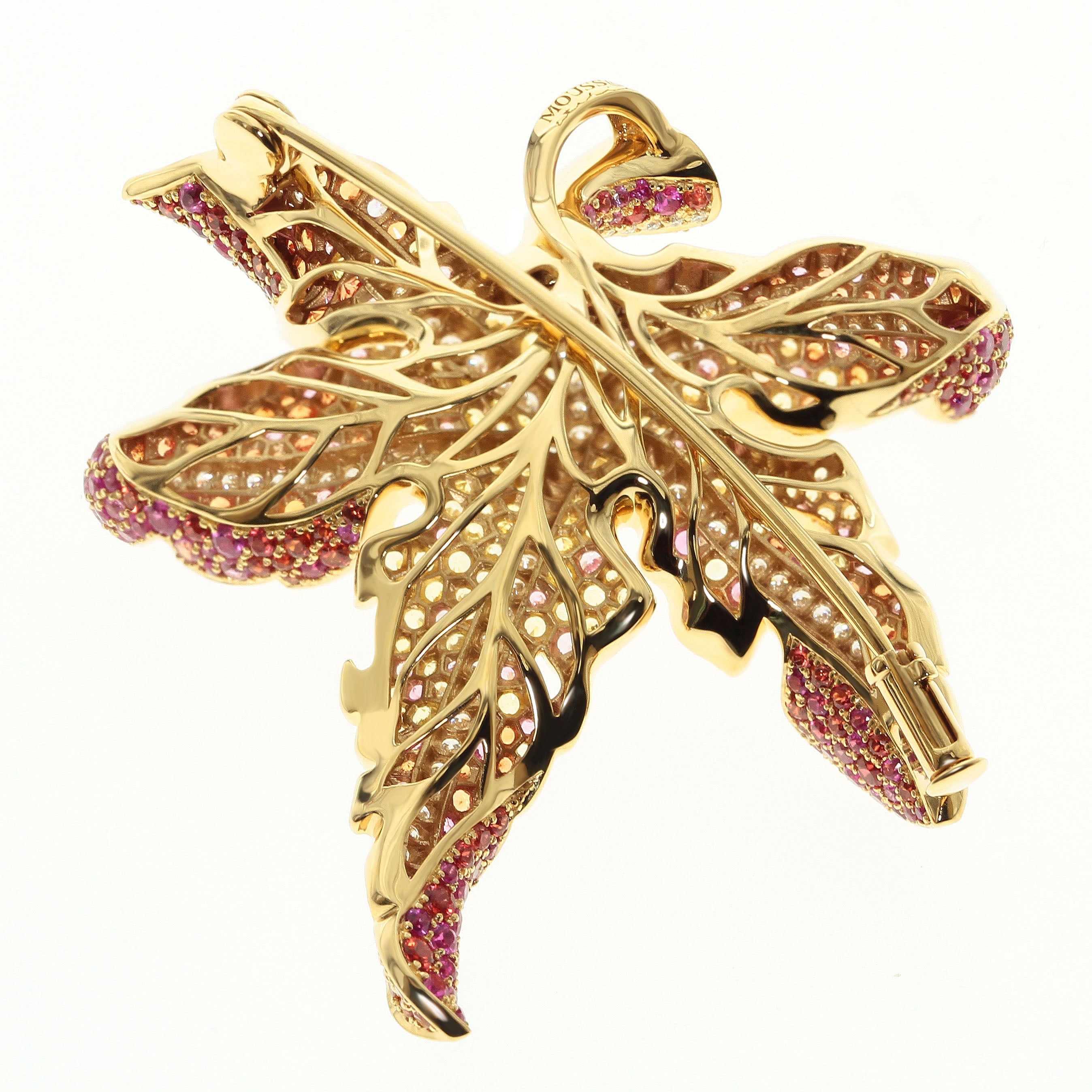 Diamonds, Pink, Yellow and Orange Sapphires 18K Yellow Gold Maple Leaf Brooch/Pendant, Brs 0042-0