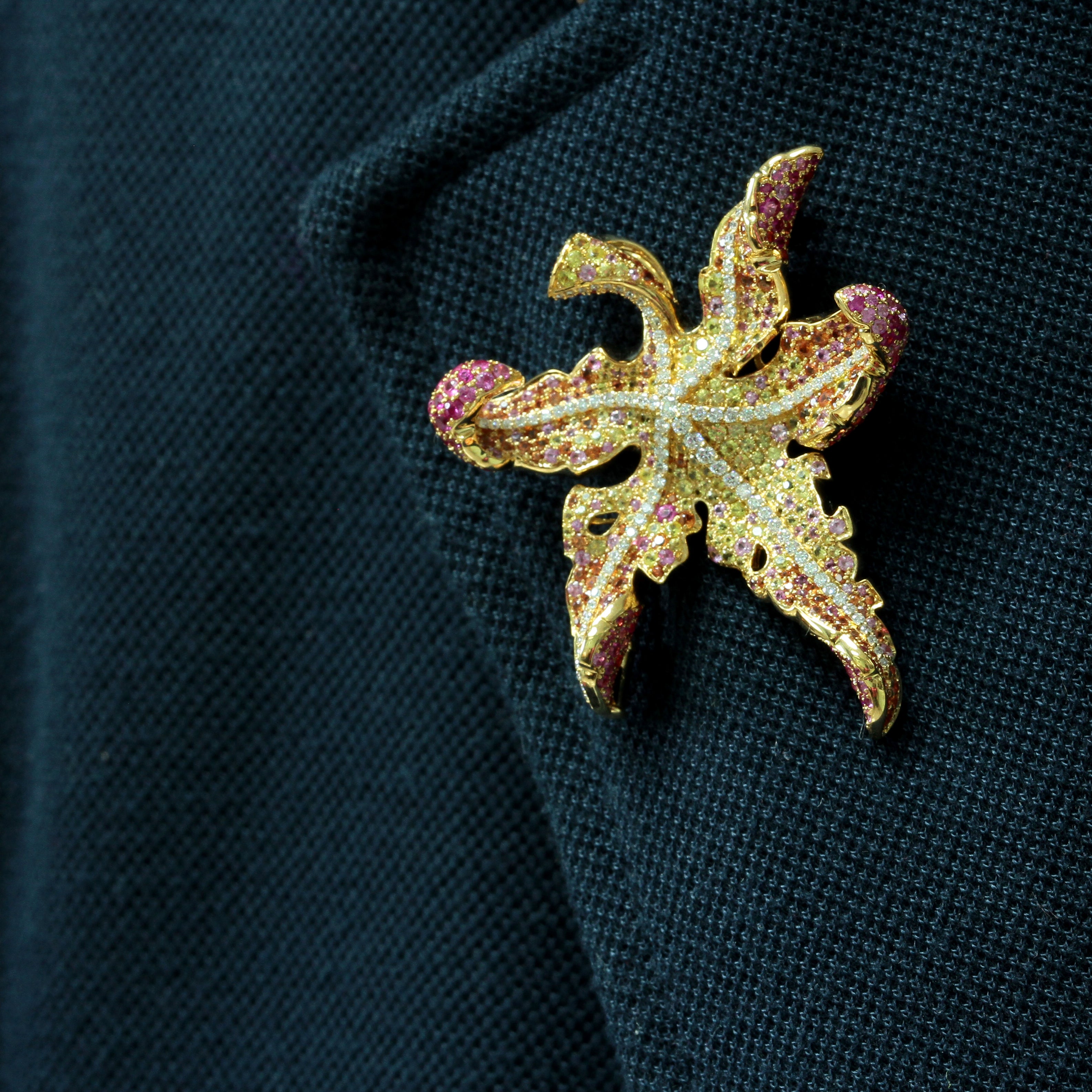 Diamonds, Pink, Yellow and Orange Sapphires 18K Yellow Gold Maple Leaf Brooch/Pendant, Brs 0042-0