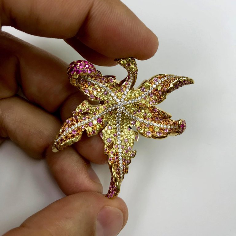 Diamonds, Pink, Yellow and Orange Sapphires 18K Yellow Gold Maple Leaf Brooch/Pendant, Brs 0042-0