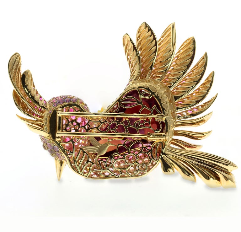Rubellite, Champagne Diamonds, Sapphires 18K Yellow Gold Humming Bird Brooch, Brs 0075-0/1