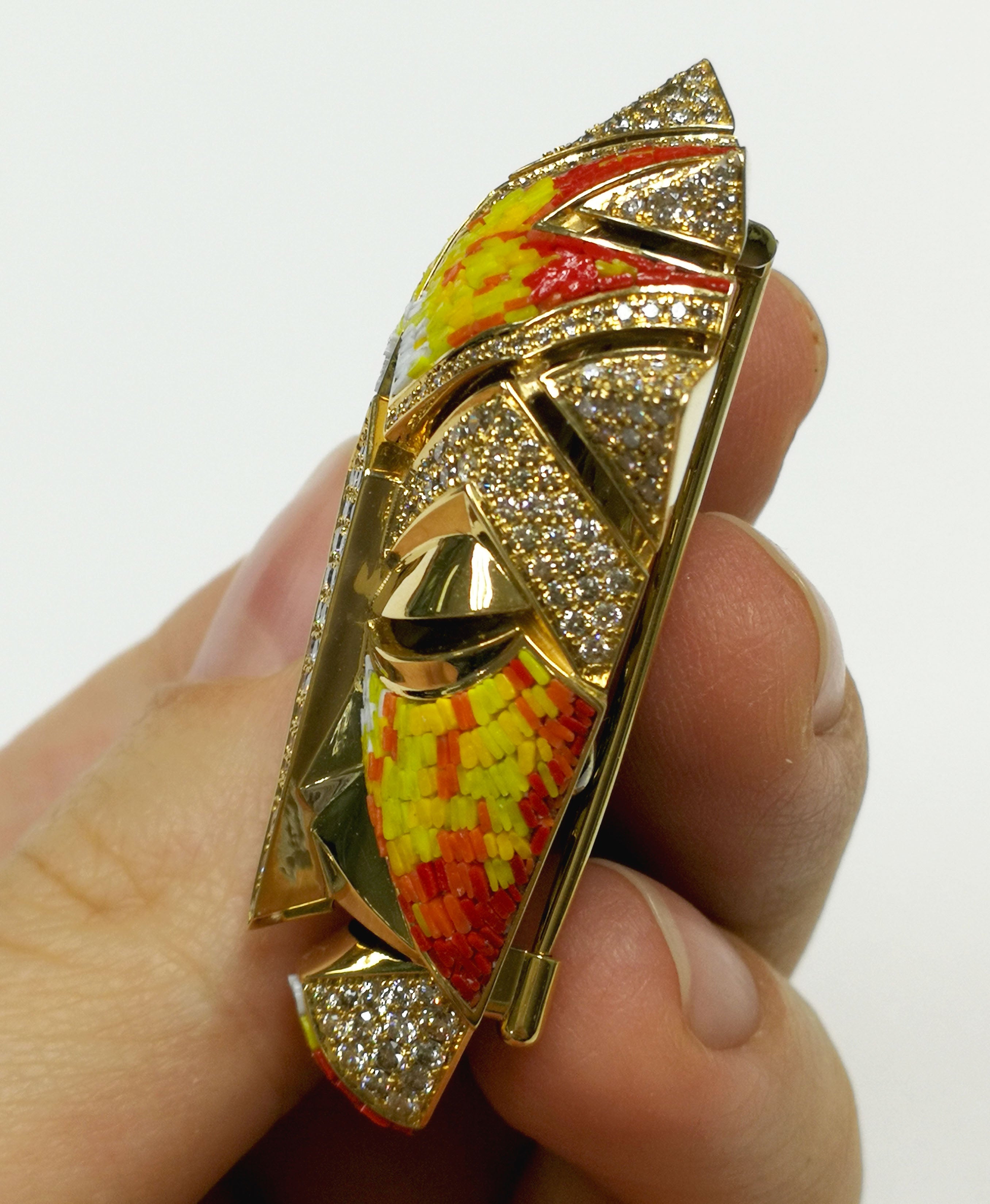 Micro-Mosaic, Champagne Diamonds 18K Yellow Gold Brooch, Brs 0098-0