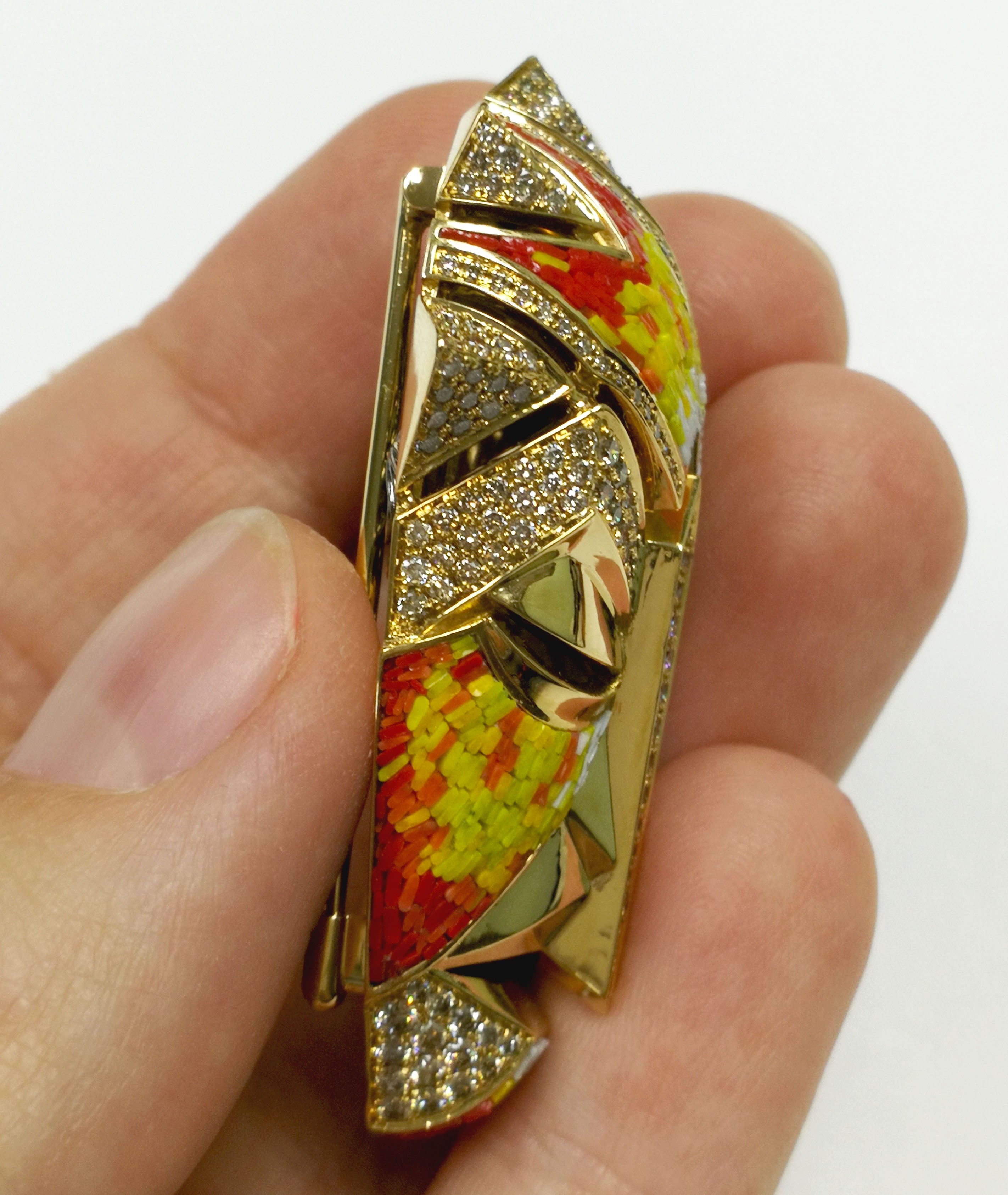 Micro-Mosaic, Champagne Diamonds 18K Yellow Gold Brooch, Brs 0098-0