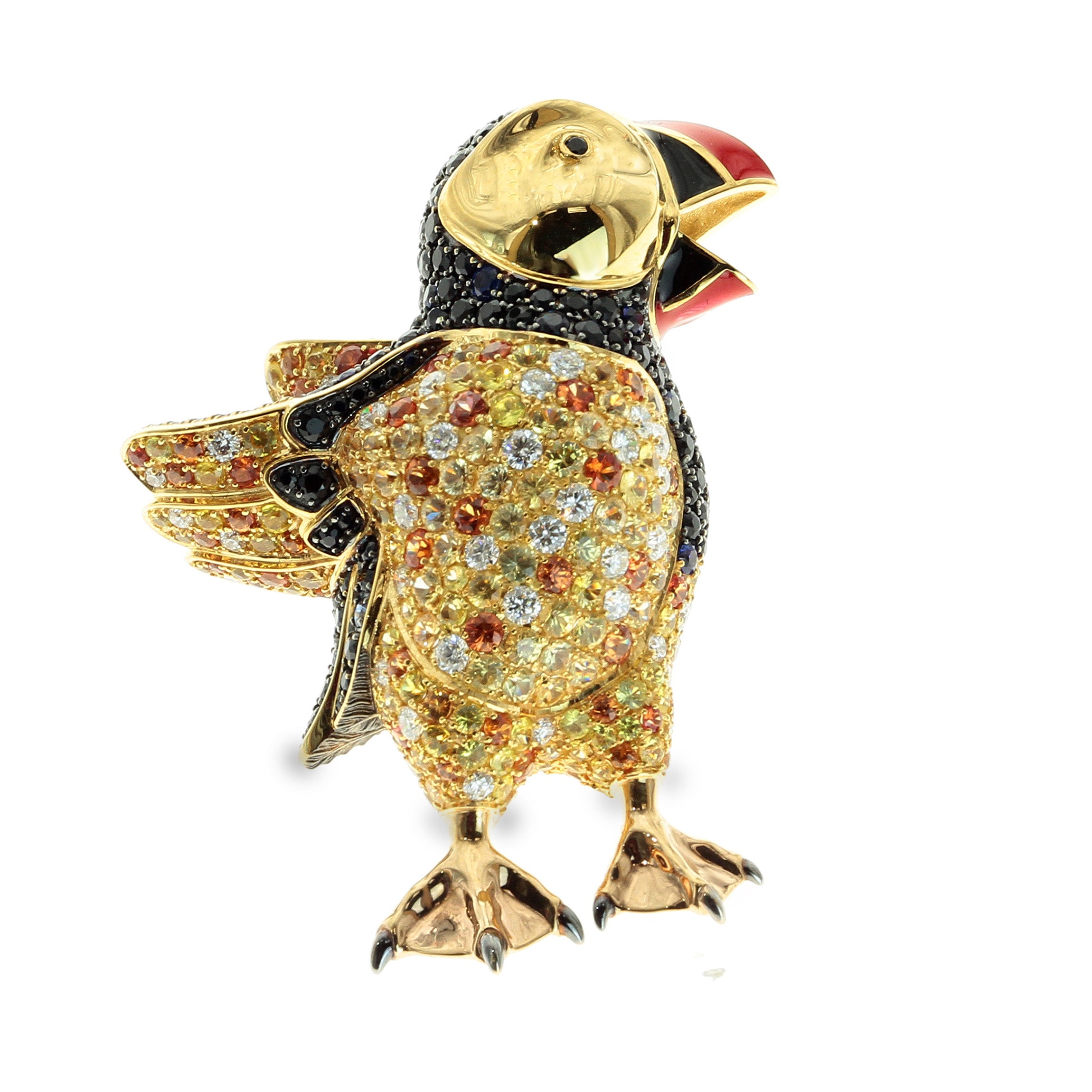 Brs 0169-1, 18K Yellow Gold, Enamel, Yellow and Orange Sapphires, Diamonds Puffin Brooch