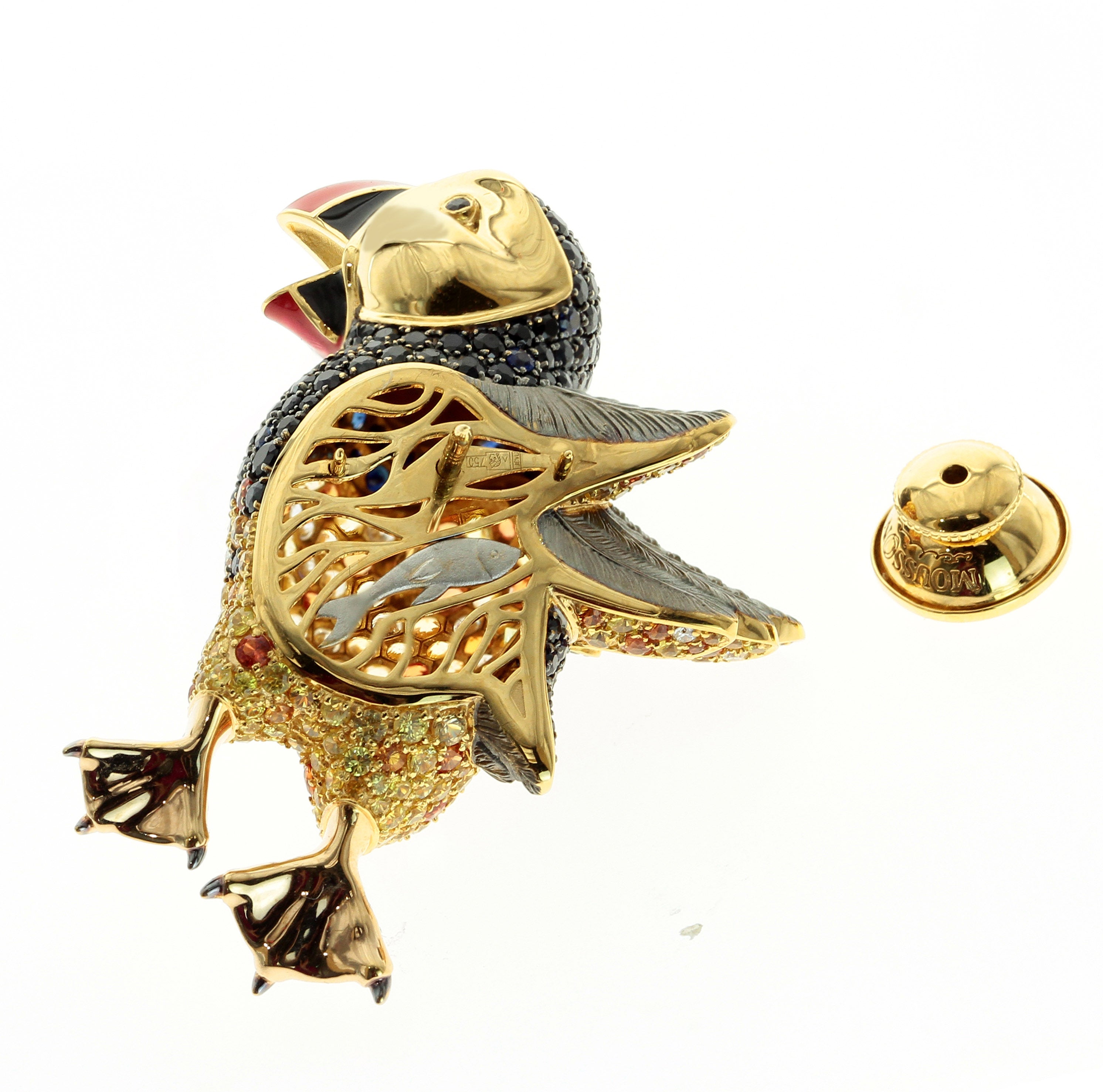Enamel, Yellow and Orange Sapphires, Diamonds 18K Yellow Gold Puffin Brooch, Brs 0169-1