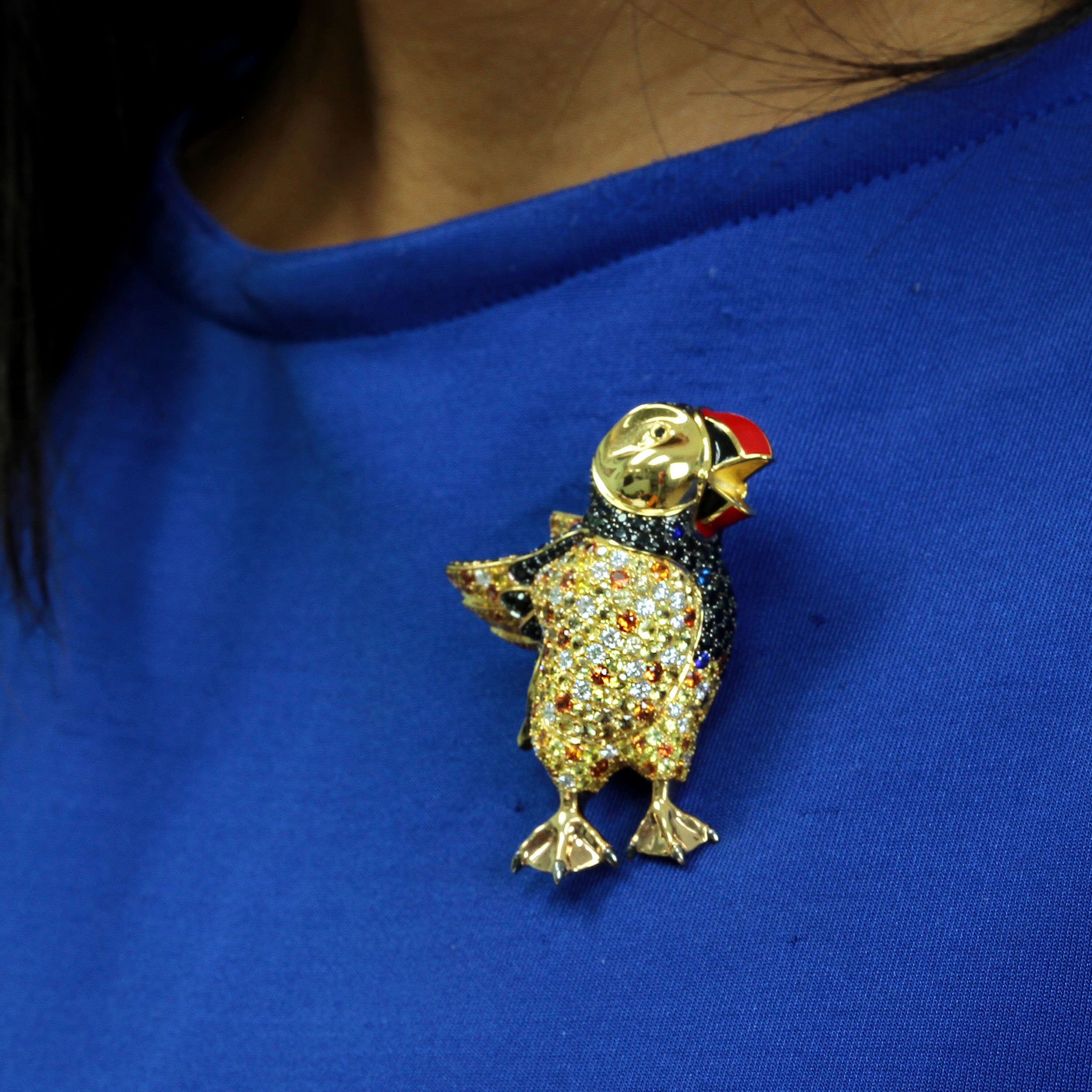 Enamel, Yellow and Orange Sapphires, Diamonds 18K Yellow Gold Puffin Brooch, Brs 0169-1