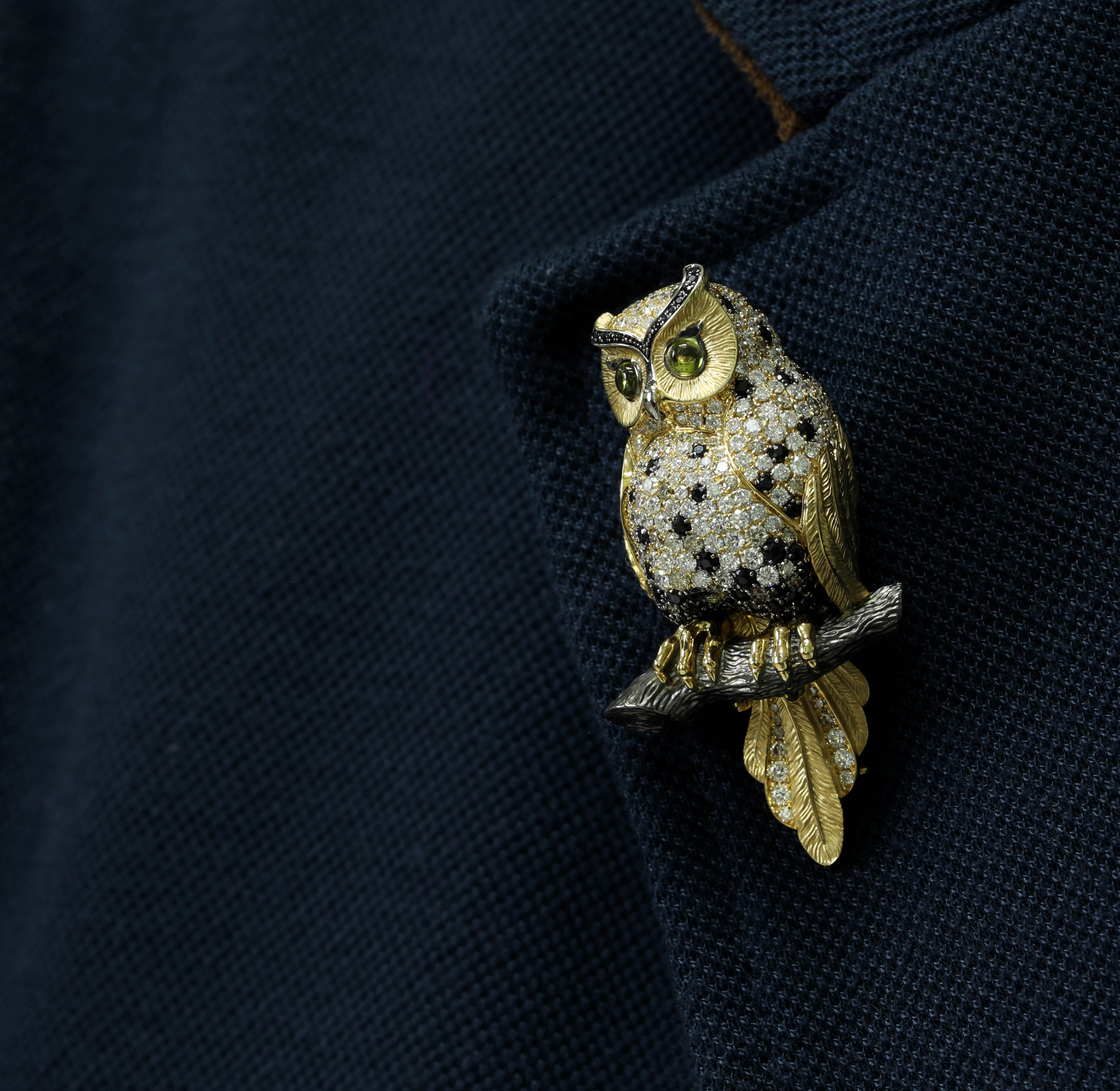 Diamonds 18K Yellow Gold Owl Brooch Brs 0171-1