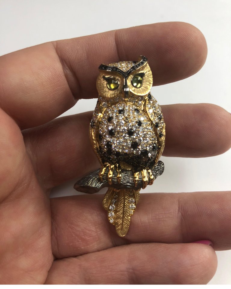Diamonds 18K Yellow Gold Owl Brooch Brs 0171-1