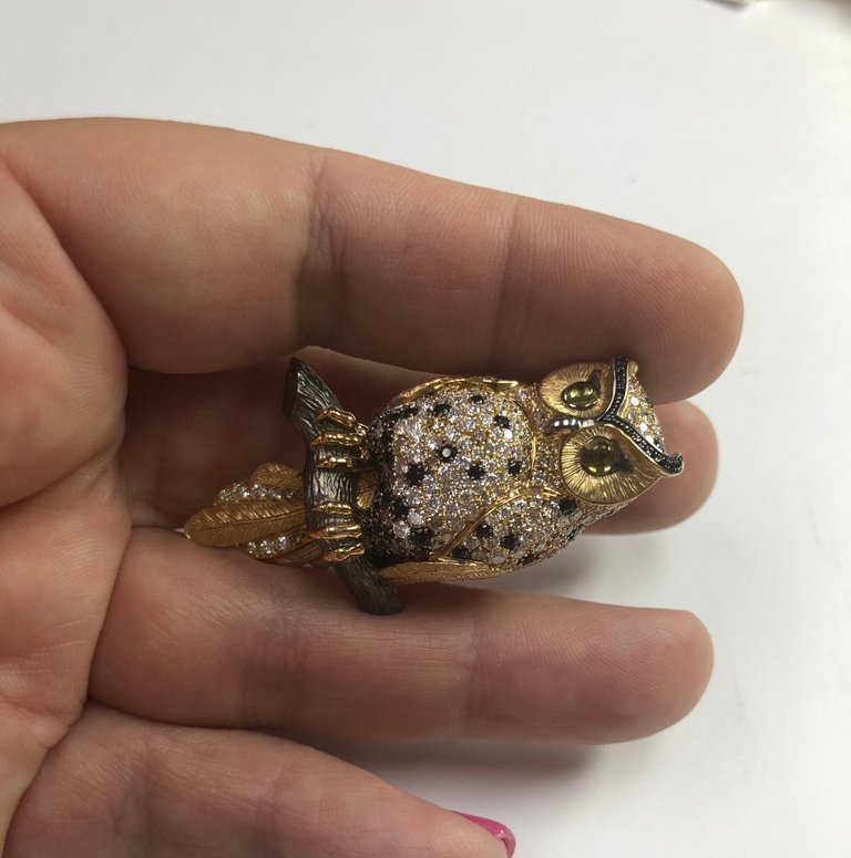 Diamonds 18K Yellow Gold Owl Brooch Brs 0171-1