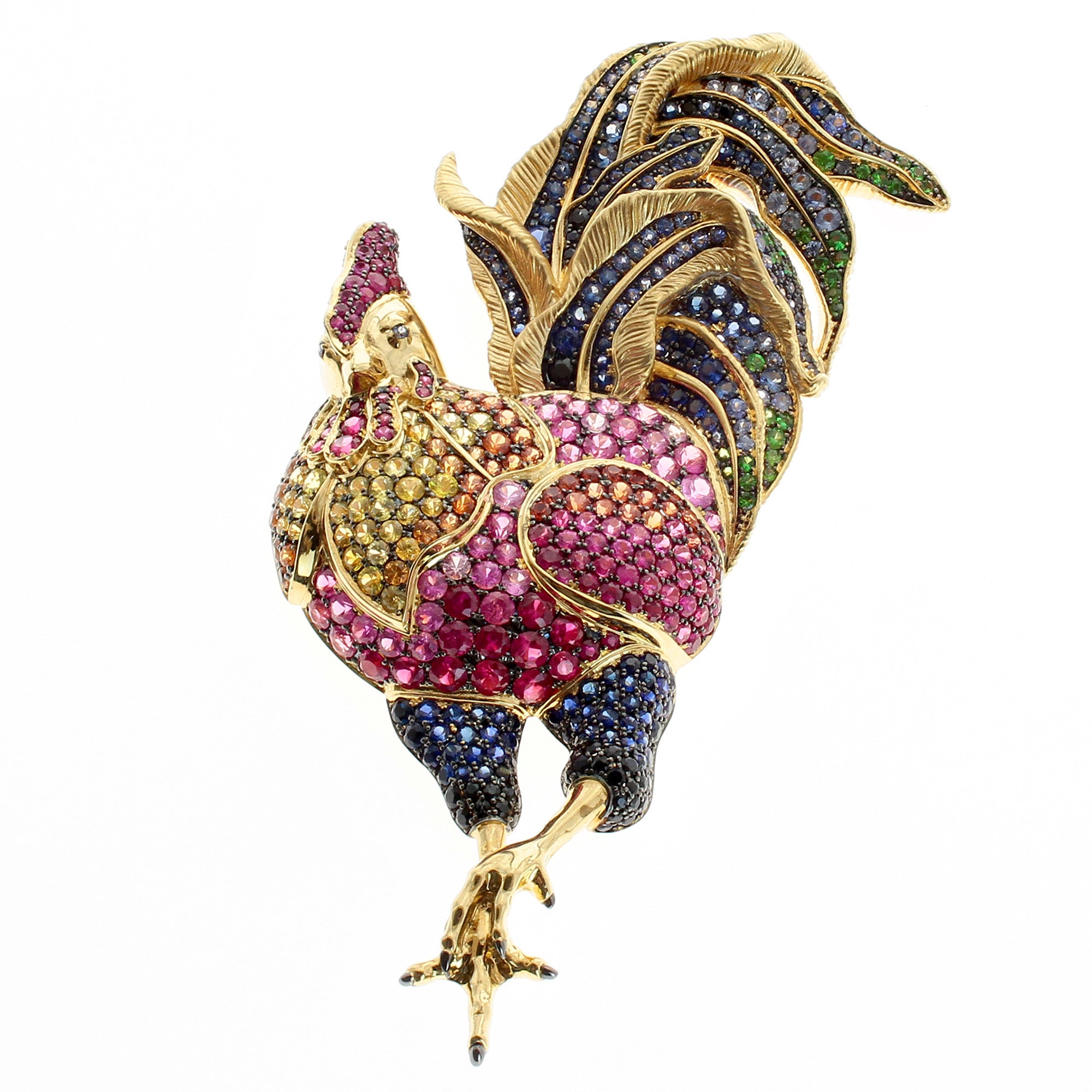 Multi-Color Sapphires 18K Yellow Gold Rooster Brooch, Brs 0173-0