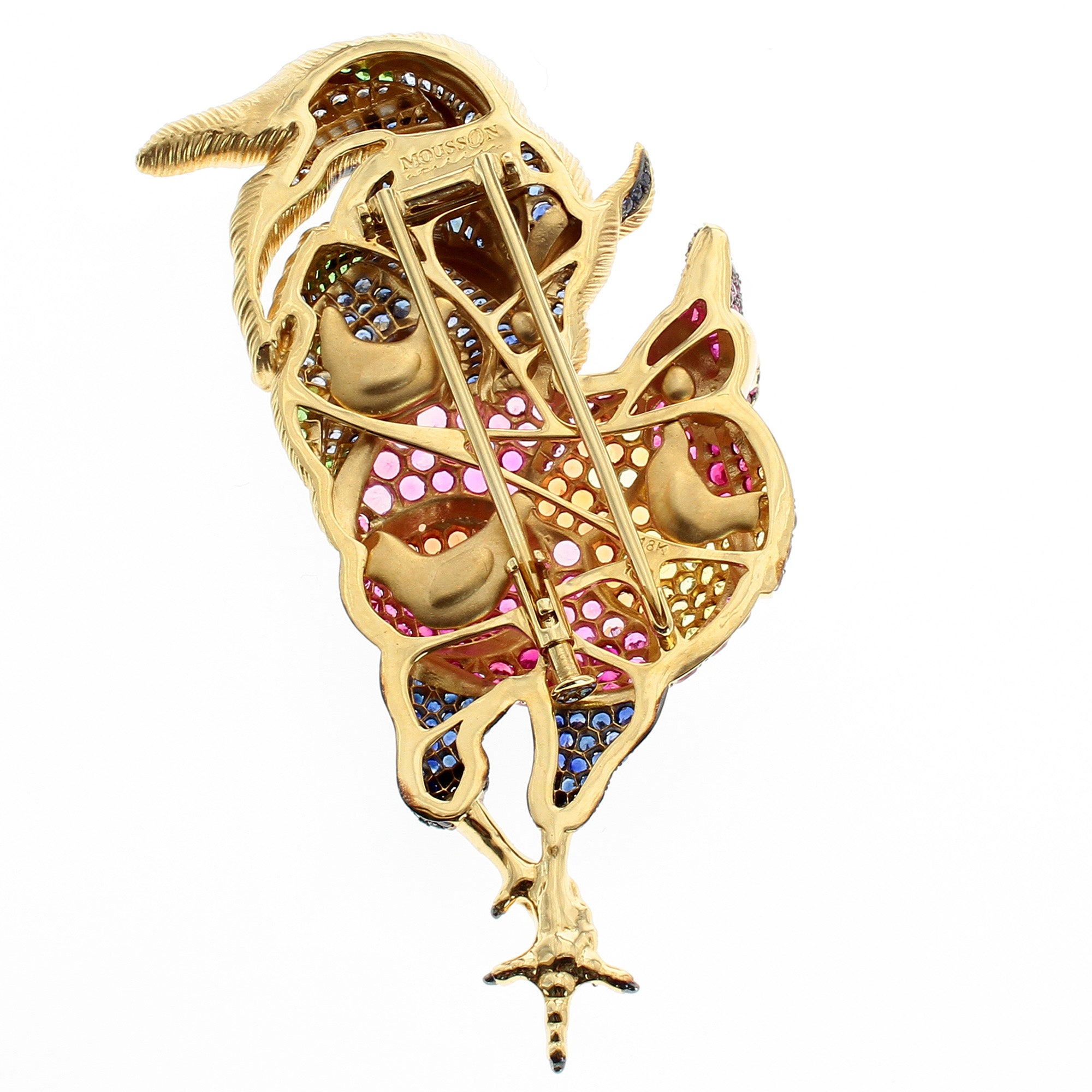 Multi-Color Sapphires 18K Yellow Gold Rooster Brooch, Brs 0173-0